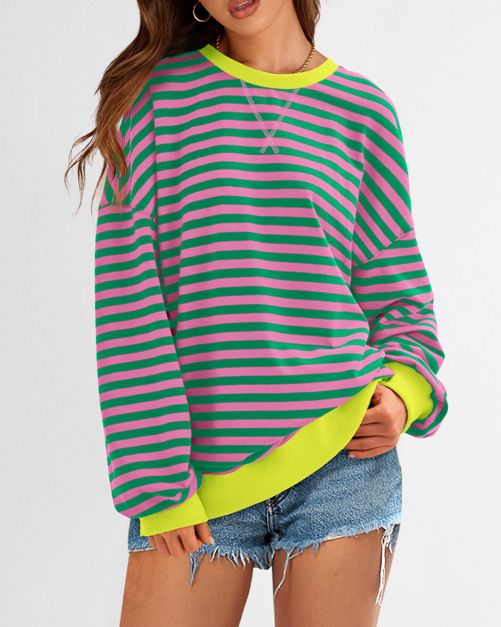 BTFBM Sweatshirt For Women Summer Crewneck Long Sleeve Oversized Striped Pullover Tops Y2K Clothes Workout Shirt