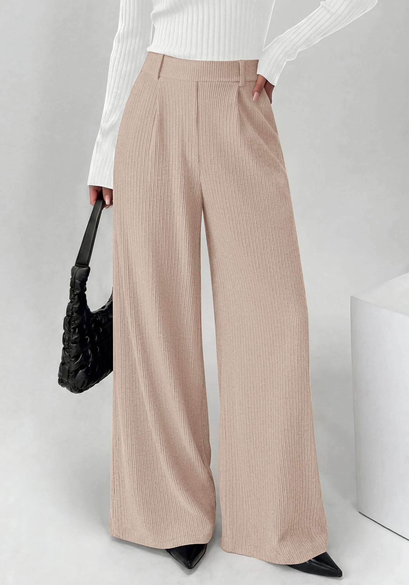 BTFBM Wide Leg Pants for Women Dressy Work Business Casual Elastic High Waisted Trousers Ribbed Lounge Palazzo Pants