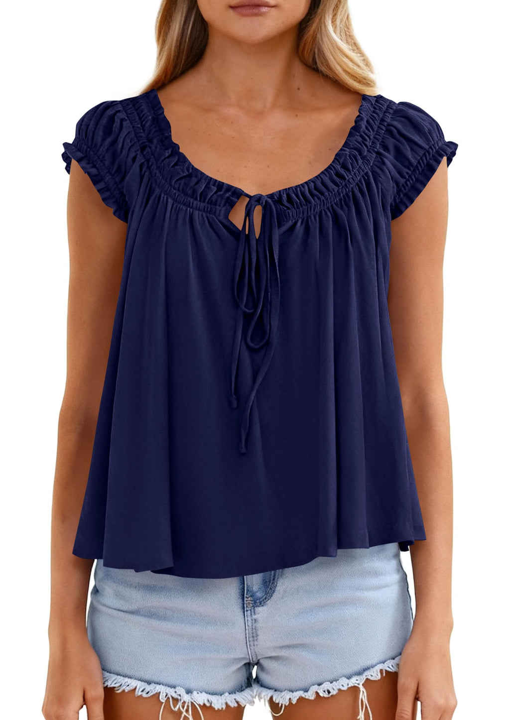 PRETTYGARDEN Women Babydoll Tops Summer Clothes Cap Sleeve Tie Front Flowy Tank Top Peplum Blouses Cute Going Out Shirts