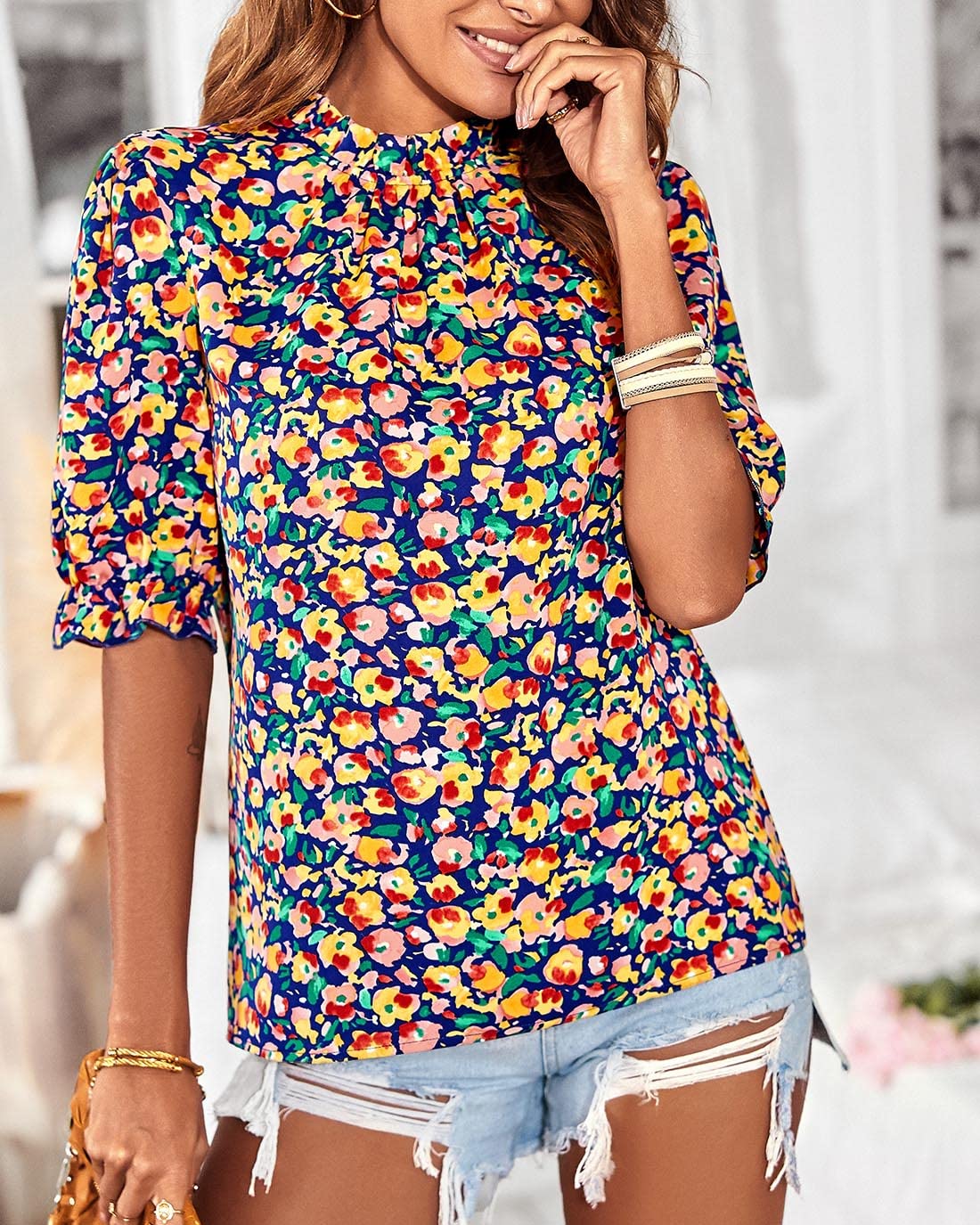 FreshPretty Women's Dressy Casual Blouses Business Work Tops Lace Trim Short Sleeve Office Shirts Summer Spring Outfits