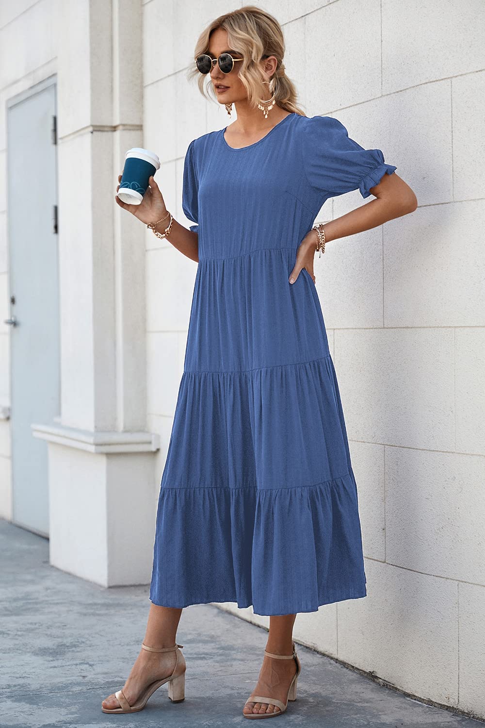 PRETTYGARDEN Summer Dresses for Women Casual Floral Boho Midi Sun Dress Puff Short Sleeve Flowy Beach Vacation Sundress