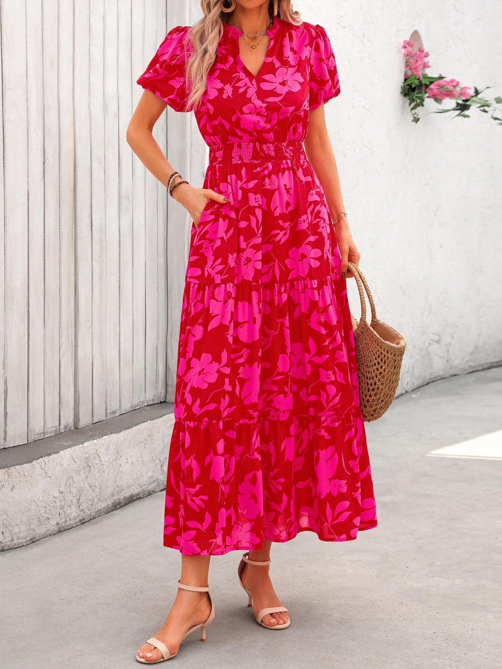 PRETTYGARDEN Summer Maxi Dresses for Women  Casual V Neck Puff Short Sleeve Smocked Flowy Beach Boho Long Floral Dress