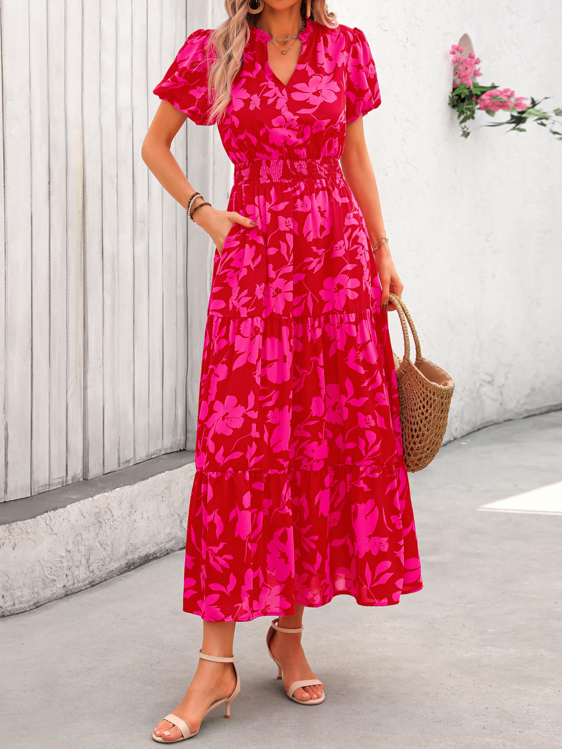 PRETTYGARDEN Summer Maxi Dresses for Women  Casual V Neck Puff Short Sleeve Smocked Flowy Beach Boho Long Floral Dress