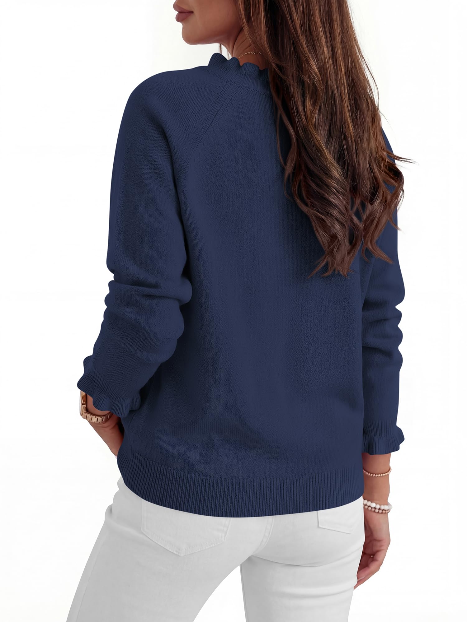 BTFBM Womens Sweaters Fall Winter Clothes Long Sleeve Button Down Ruffle Crew Neck Casual Knitted Pullover Tops