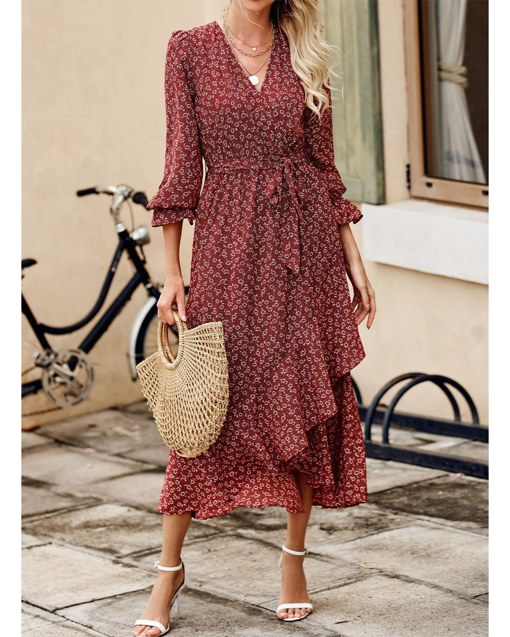 BTFBM Womens Dresses Summer V Neck Floral High Waist Ruffle Wedding Guest Cocktail Boho Spring Long Sleeve Dress