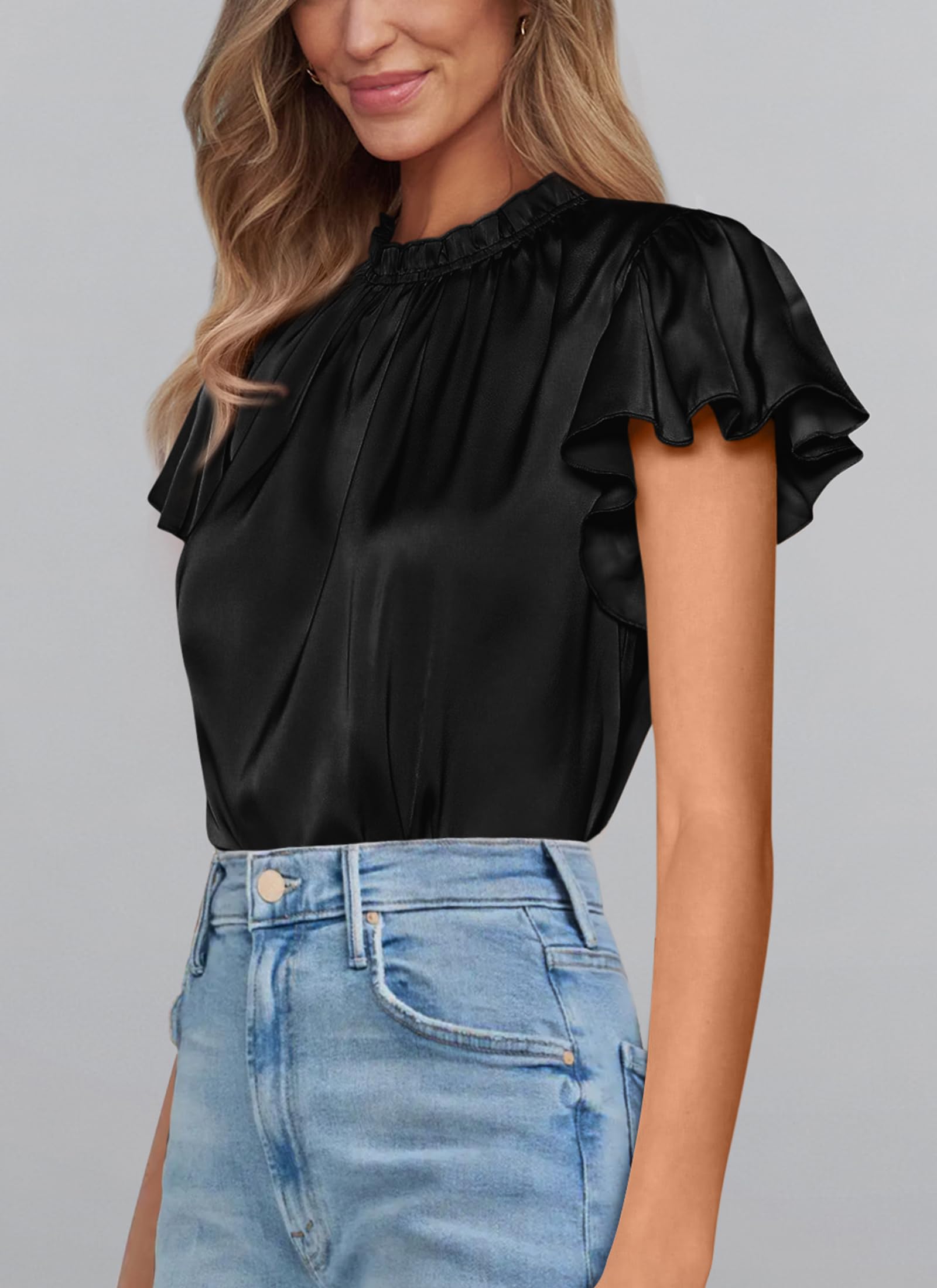 PRETTYGARDEN Business Casual Tops for Women Blouses Dressy  Summer Short Sleeve Ruffle Satin Work Office Attire