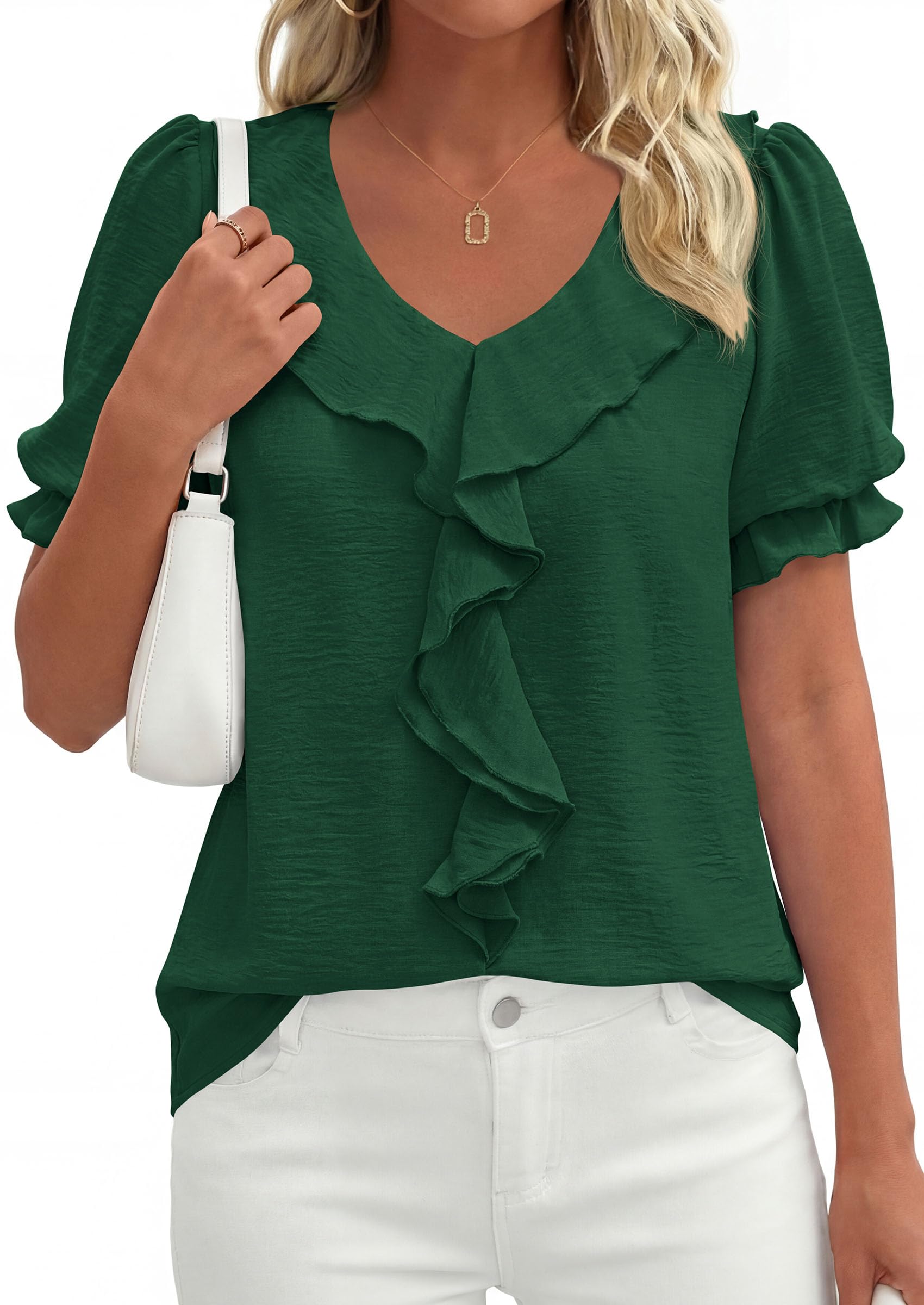 PRETTYGARDEN Women's Summer Dressy Casual Blouses Short Sleeve V Neck Ruffle Business Work Tops Trendy Spring Outfits