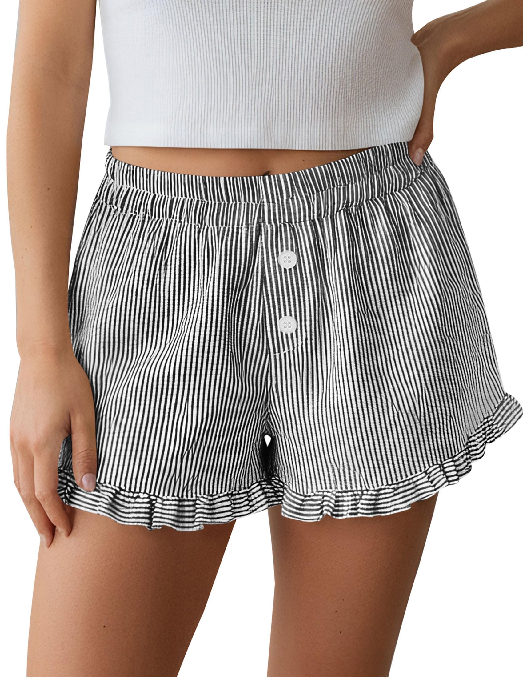 PRETTYGARDEN Womens Boxer Shorts Y2K Ruffle Pajama Summer Spring Lounge Sleep Striped Casual Beach Pj Bottoms Pockets