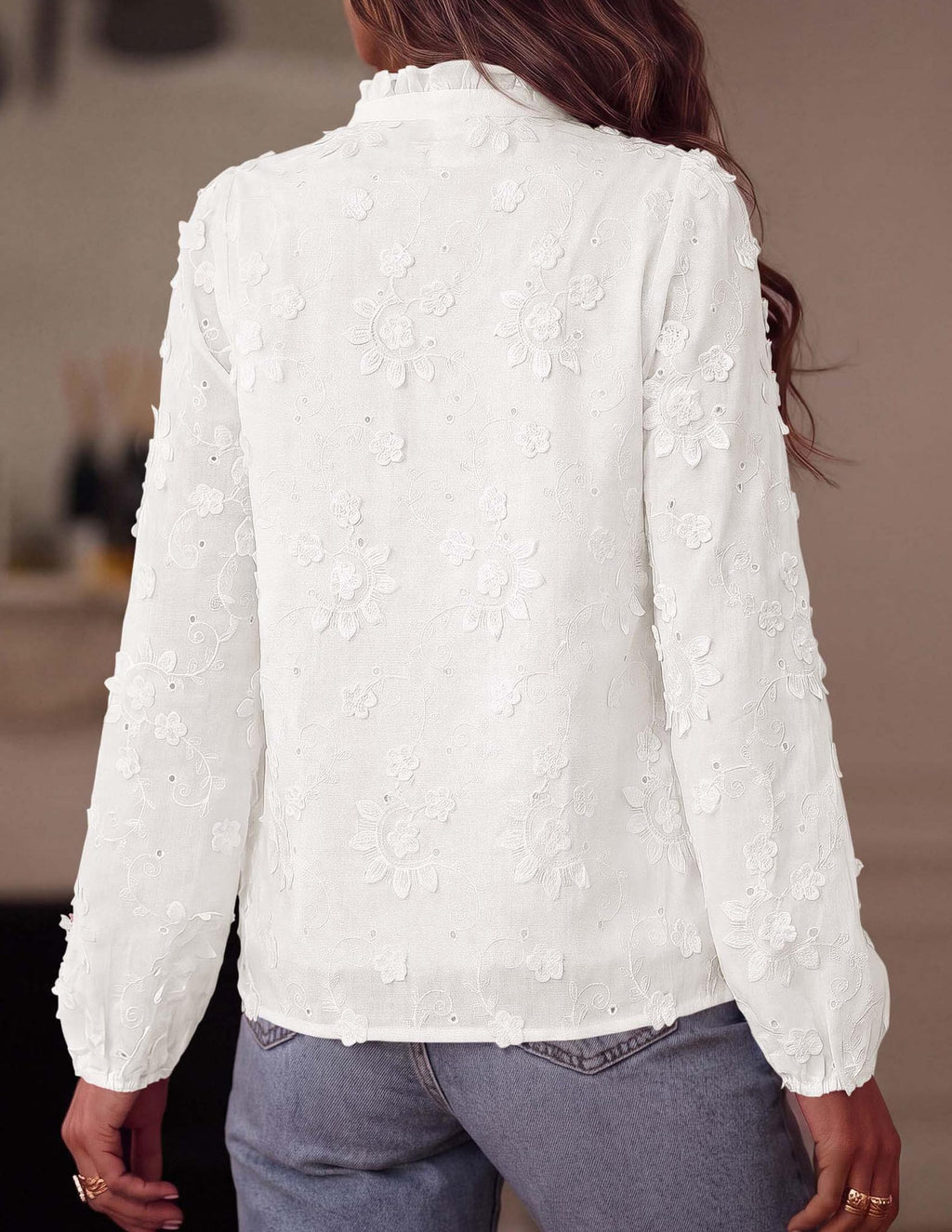 PRETTYGARDEN Women's Floral Embroidered Button Down Shirts | Ladies Dressy Fall Blouses, Long Sleeves, Ruffle Neck, Elegant Boho Eyelet Tops for Work, Business & Spring Casual Outings
