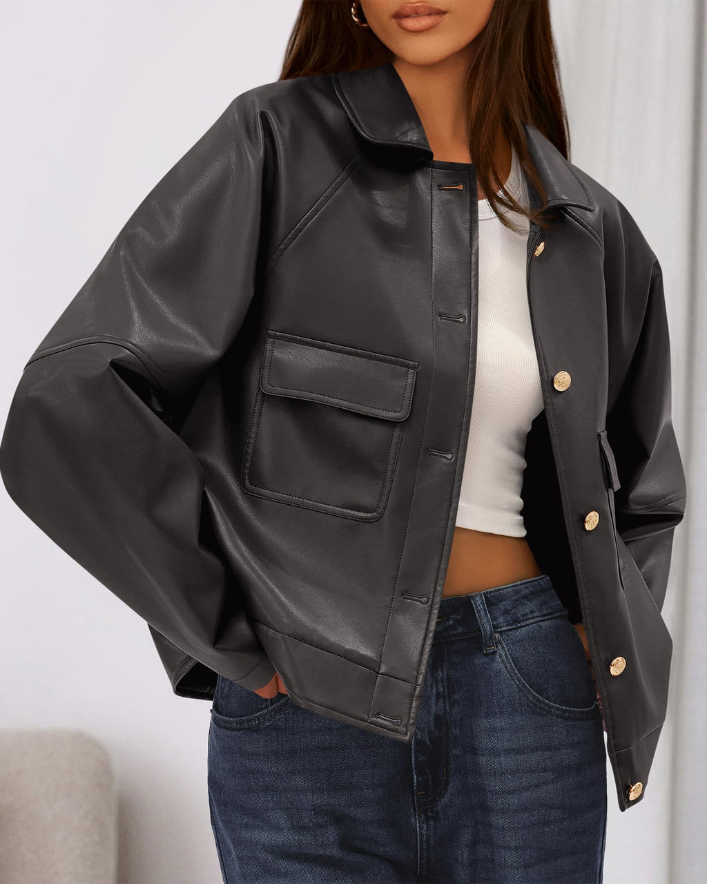 FreshPretty Leather Jacket Women Fall Clothes Long Sleeve Button Down Winter Coats Oversized Motorcycle Outwear