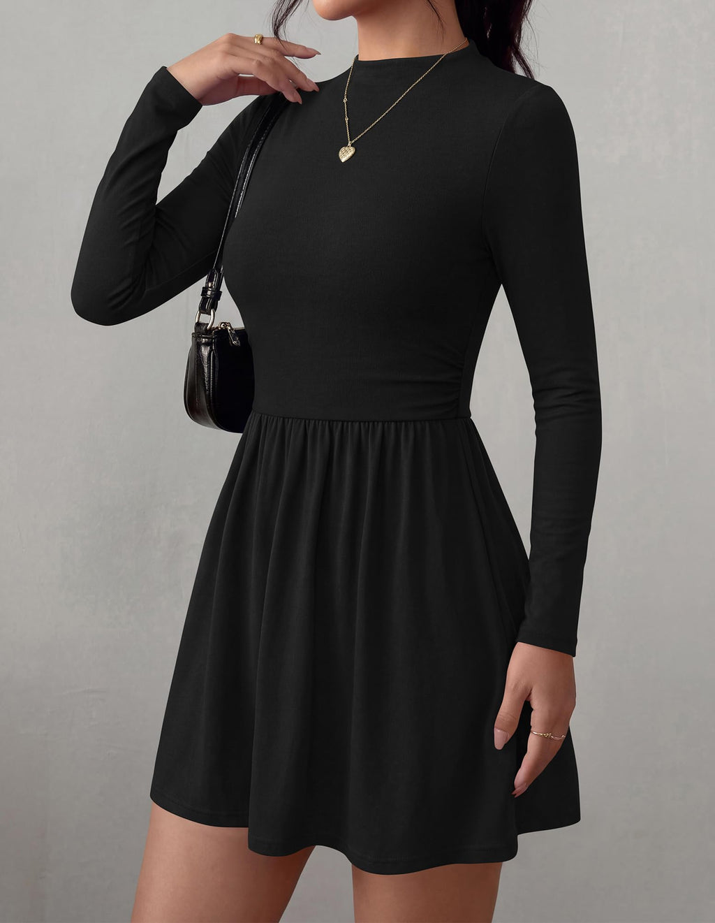 BTFBM Long Sleeve Dresses for Women Mock Neck A Line Flowy Mini Dress Swing Pleated Hem,Cocktail Party Club Holiday Going Out Outfits,Dressy Casual Winter,Trendy Early Fall Fashion Clothing