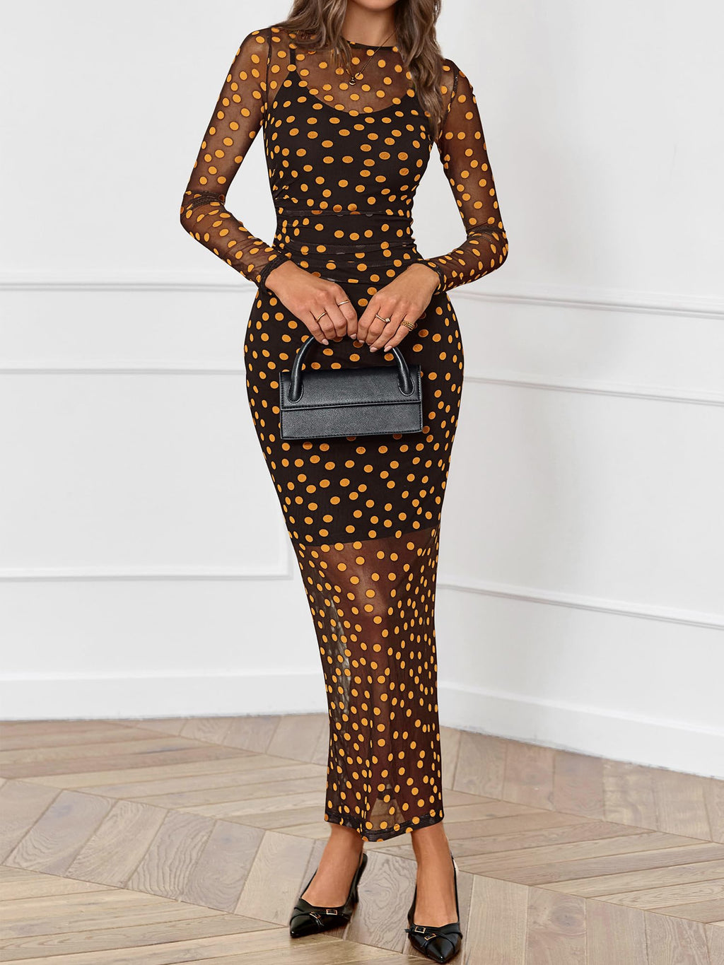 BTFBM Spring Dresses for Women 2 Piece Set Long Sleeve Polka Dot Sexy Bodycon Mesh Dress and Slip Dress Wedding