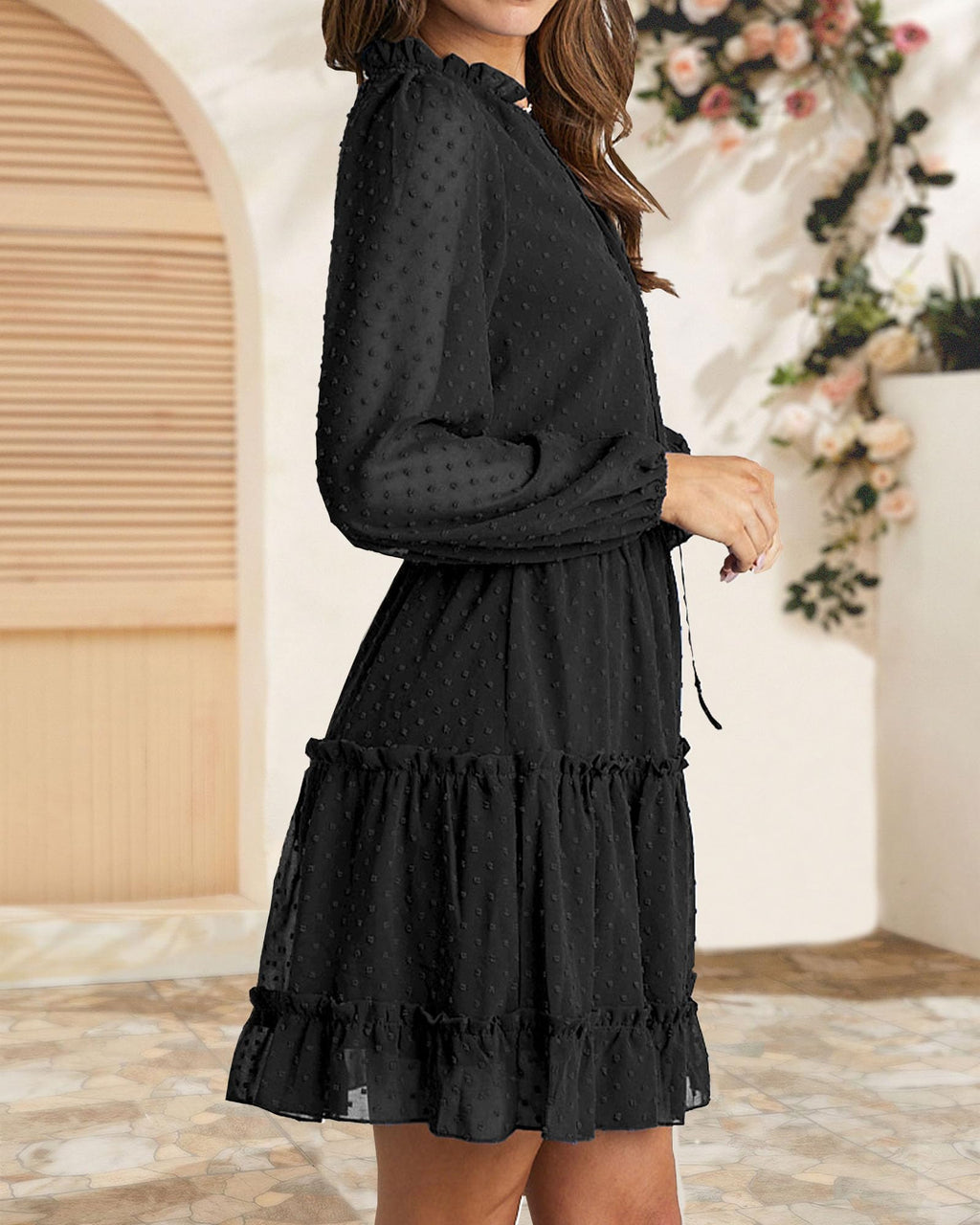 FreshPretty Long Sleeve Fall Dresses for Women Summer Casual Tie Neck Ruffle Tiered A Line Wedding Guest Short Mini Dress