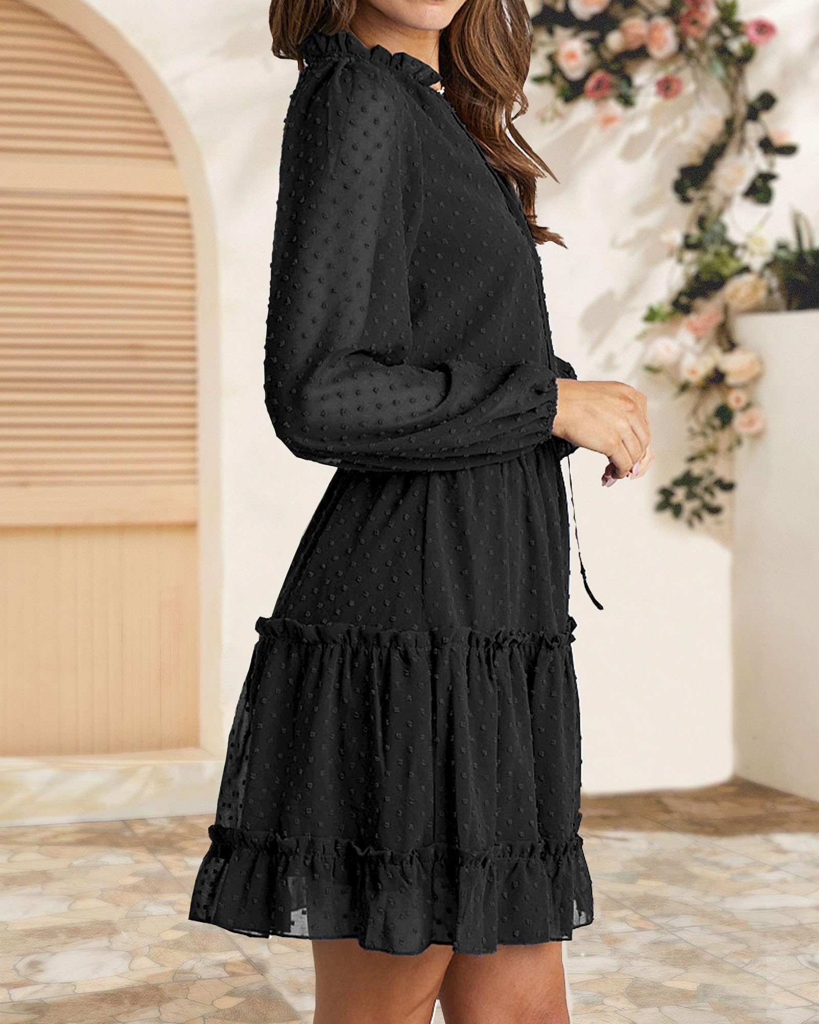 FreshPretty Long Sleeve Fall Dresses for Women Summer Casual Tie Neck Ruffle Tiered A Line Wedding Guest Short Mini Dress