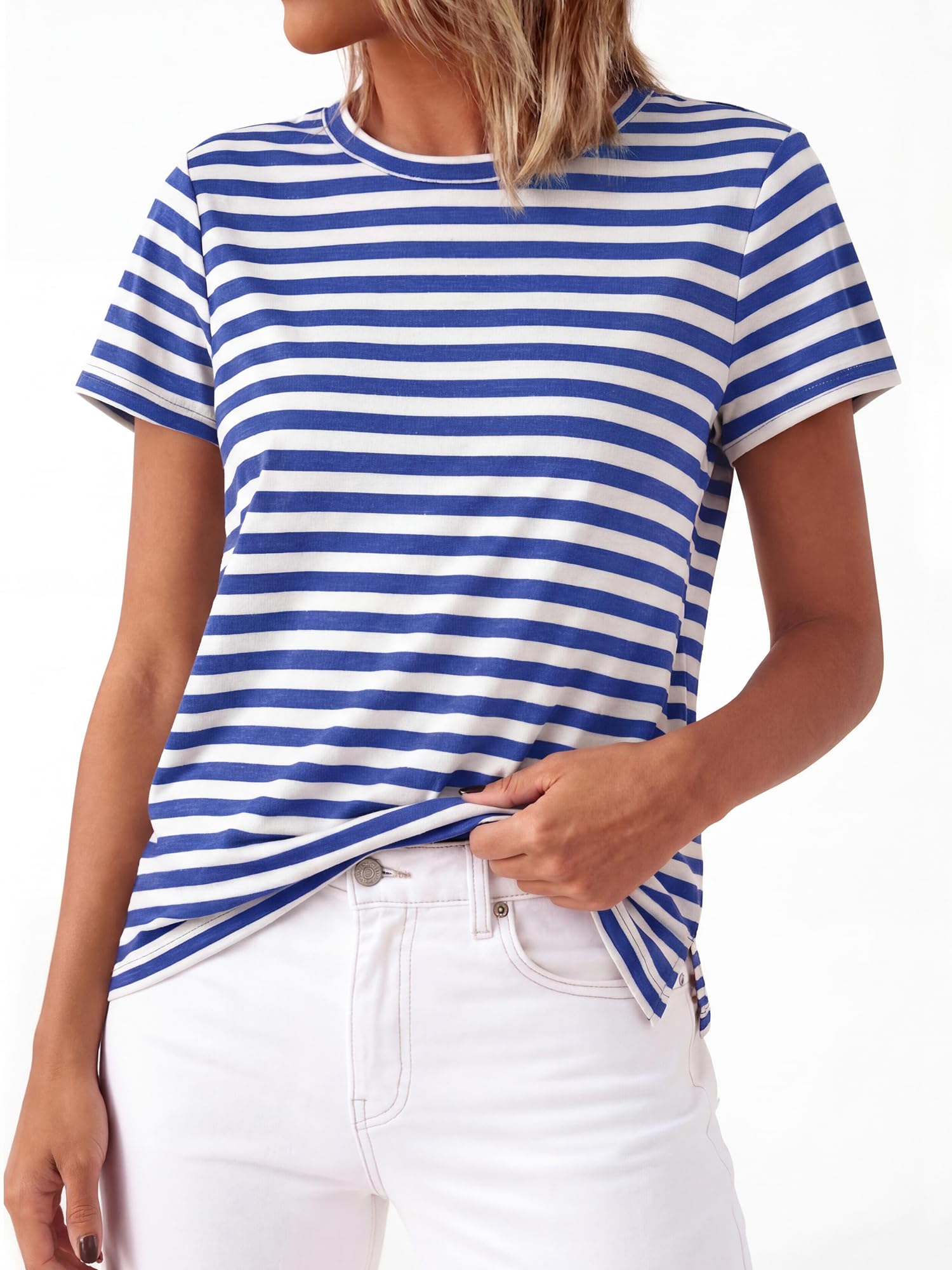 BTFBM Tops for Women Trendy Summer Crew Neck Short Sleeve T Shirts Striped Casual Vacation Blouse Basic Tee