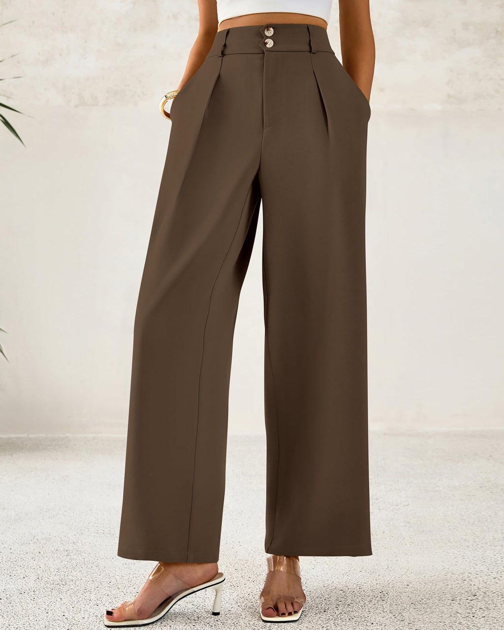 BTFBM Women Wide Leg Dress Pants High Waisted Button Pleated Business Casual Trousers Office Work Palazzo Pants