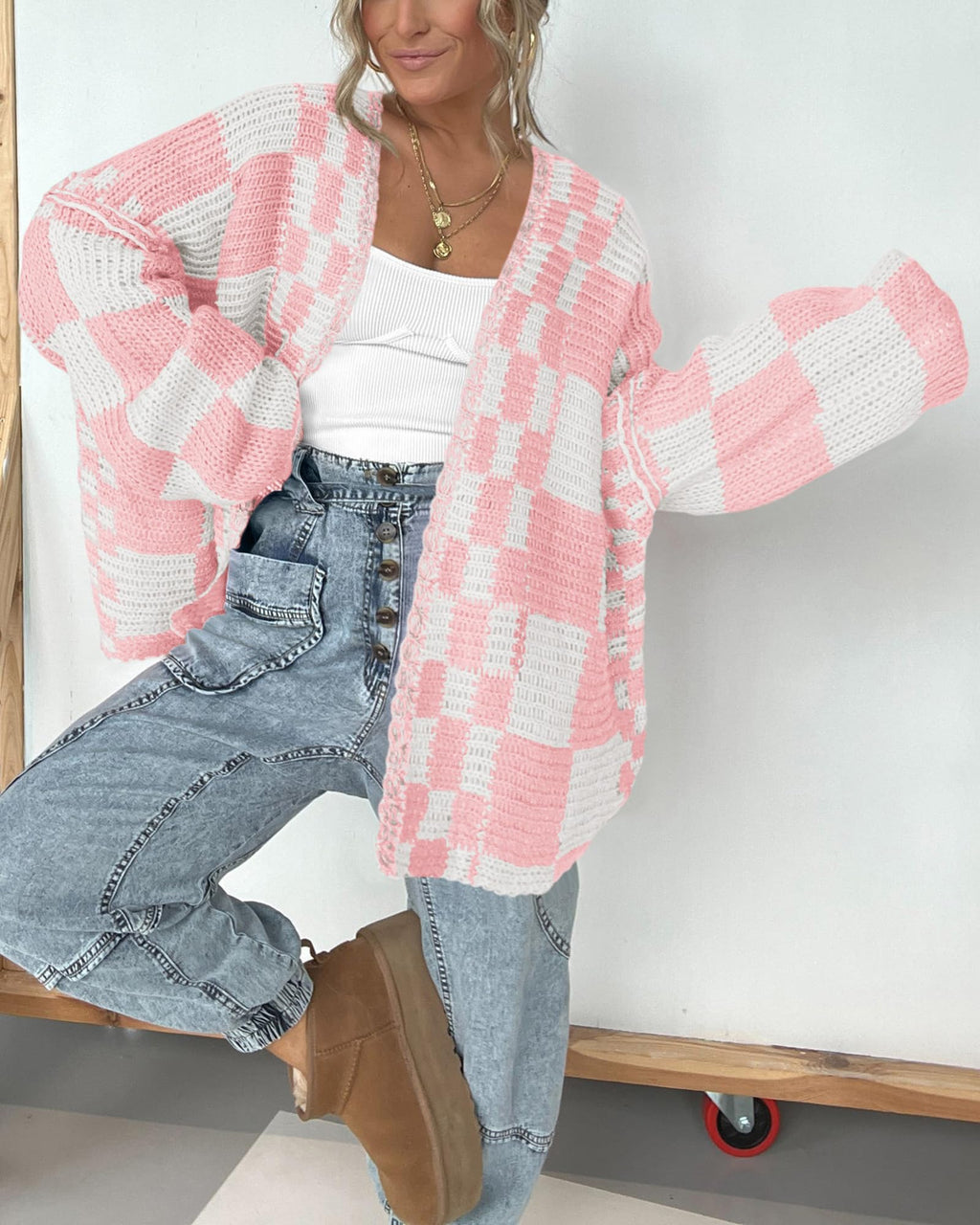 BTFBM Casual Cardigan Sweater for Women Fall Long Sleeve Sweaters Fall Outfits, Loose Fit,Solid,Open Front Chunky Knit Sweaters,Chunky Cardigan Sweaters For Women,Checkered Outwear Coat