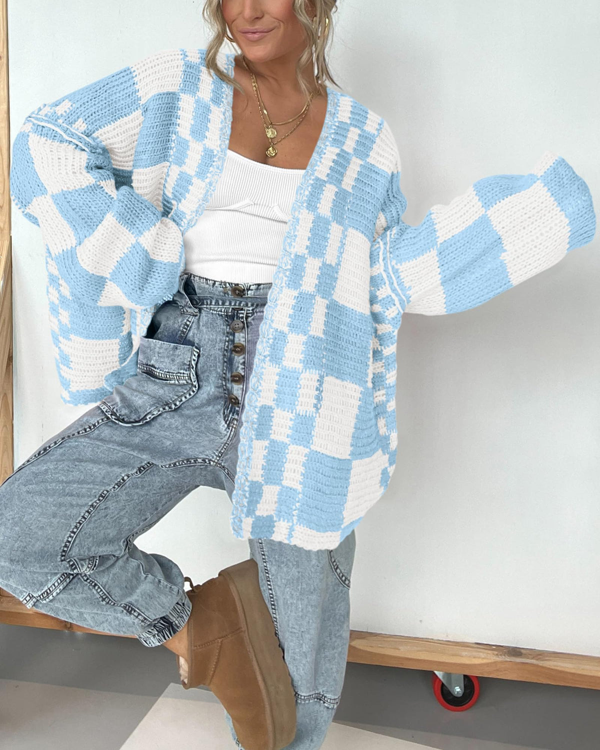BTFBM Casual Cardigan Sweater for Women Fall Long Sleeve Sweaters Fall Outfits, Loose Fit,Solid,Open Front Chunky Knit Sweaters,Chunky Cardigan Sweaters For Women,Checkered Outwear Coat