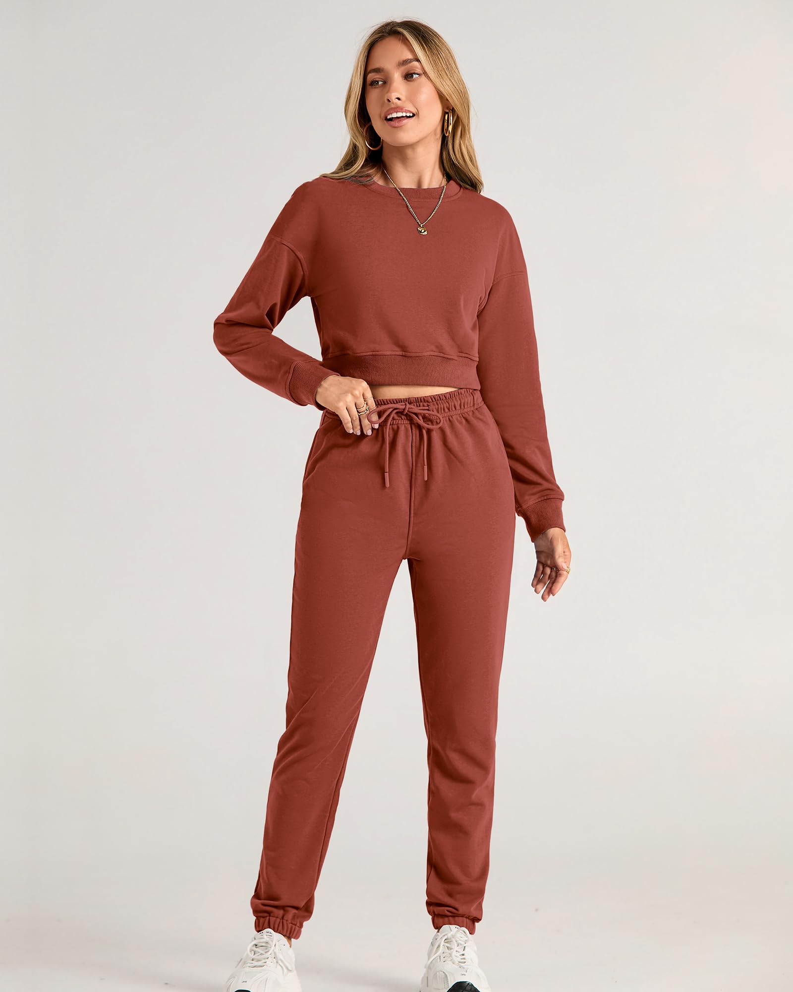 FreshPretty Women 2 Piece Outfits Long Sleeve Crop Top Pullover Drawstring Pant Jogger Set Casual Sweatsuits Tracksuit Pockets