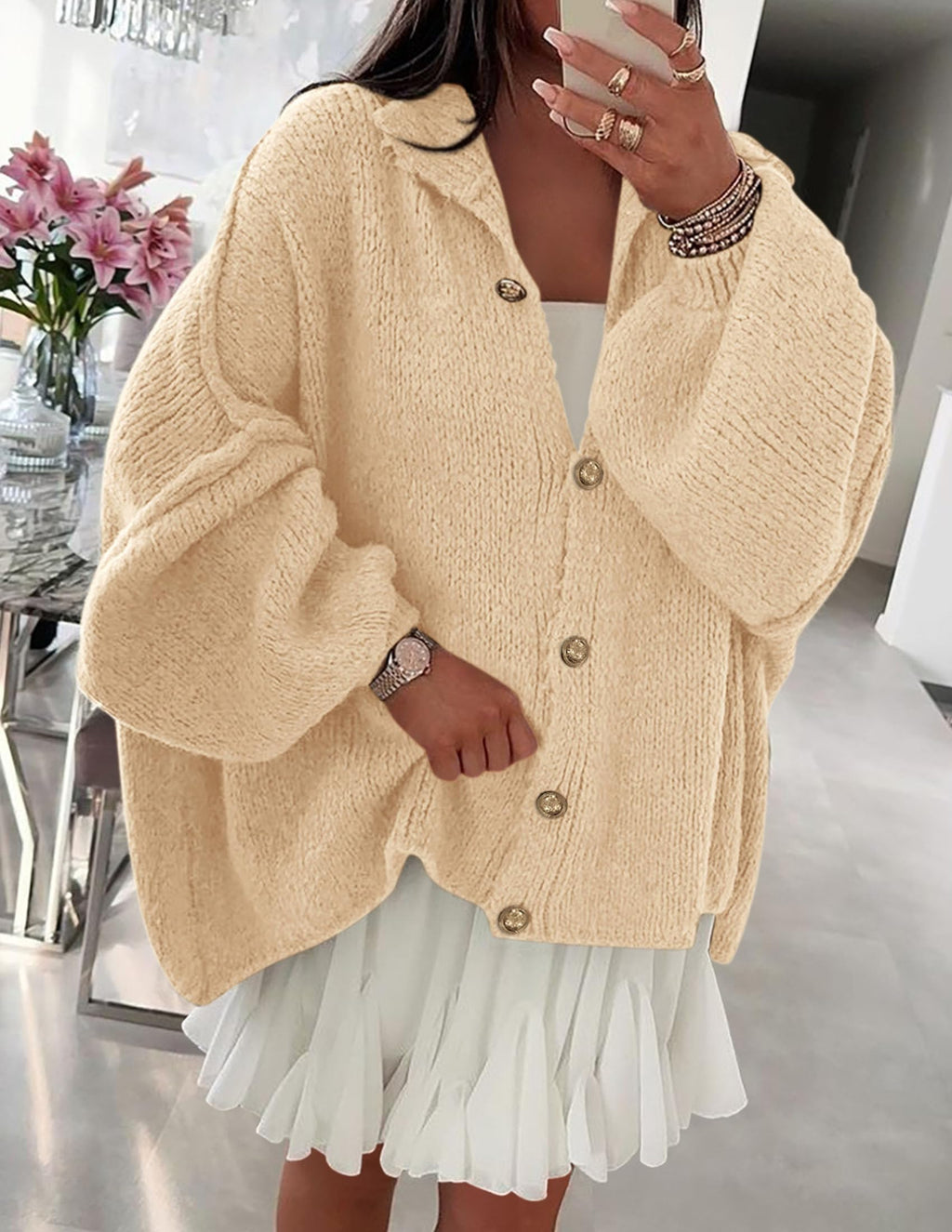 PRETTYGARDEN Women's Winter Button Down Cardigan Sweaters Mock Neck Lantern Long Sleeve Chunky Knit Jacket Trendy Outerwear