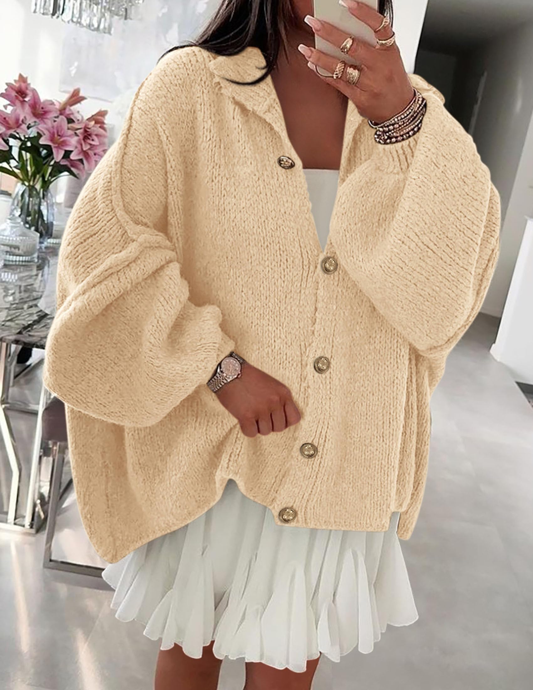 PRETTYGARDEN Women's Winter Button Down Cardigan Sweaters Mock Neck Lantern Long Sleeve Chunky Knit Jacket Trendy Outerwear