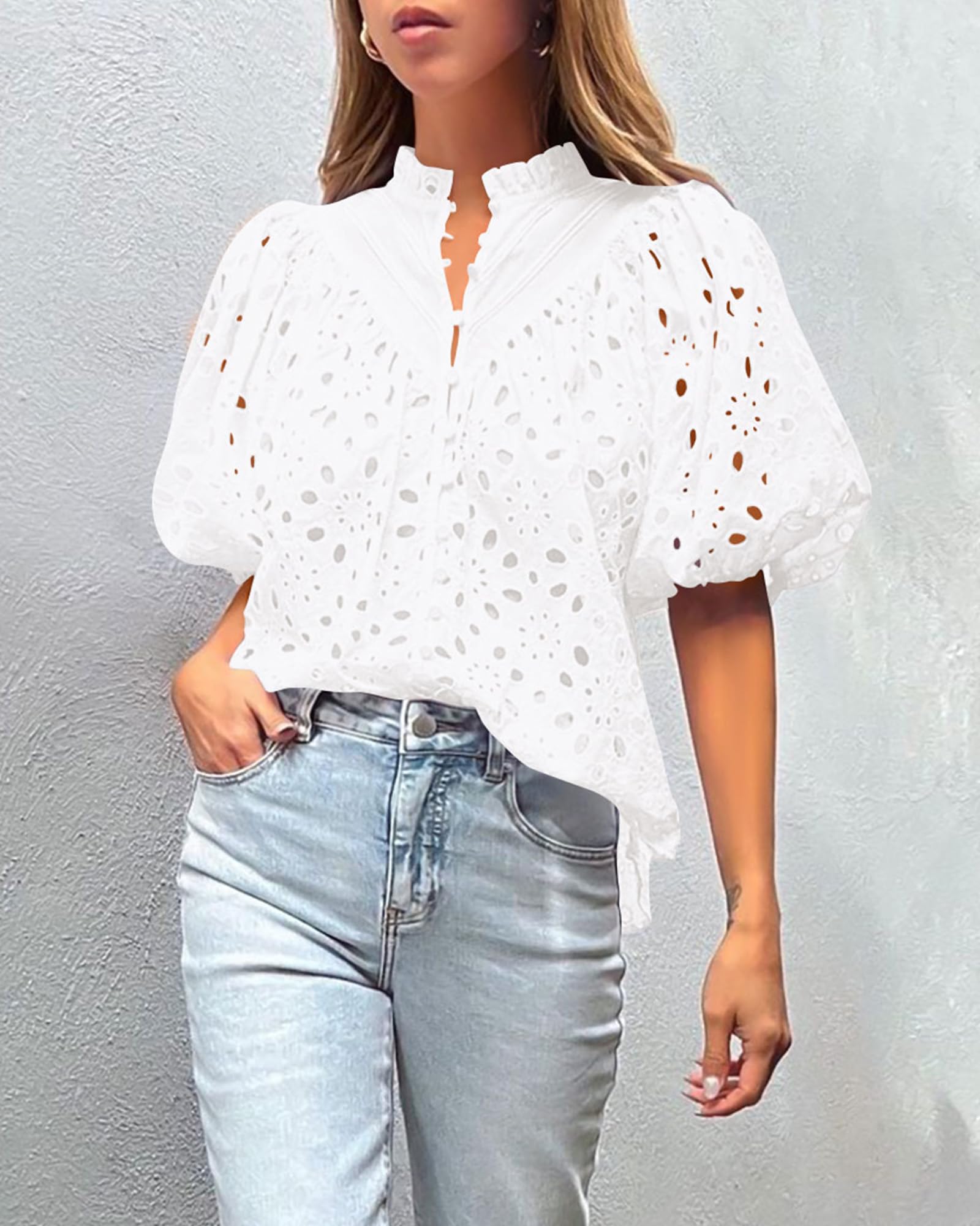 PRETTYGARDEN Women's Summer Tops Dressy Casual Short Sleeve V Neck Buttons Hollow Out Lace Embroidered Blouses Shirts