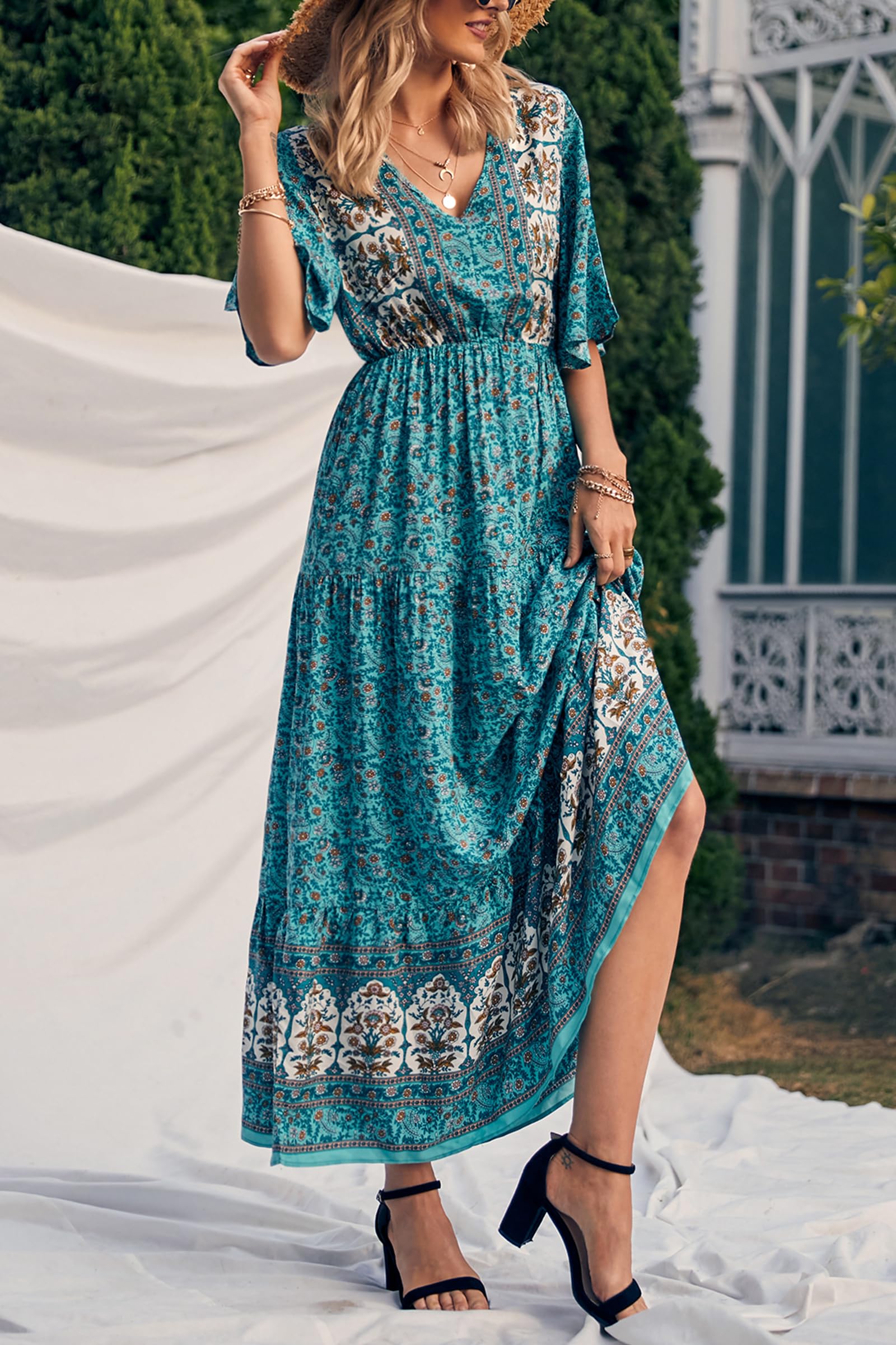 PRETTYGARDEN Women's Casual Summer Boho Floral Print Dress V Neck Short Sleeve High Waist Long Maxi Beach Dresses