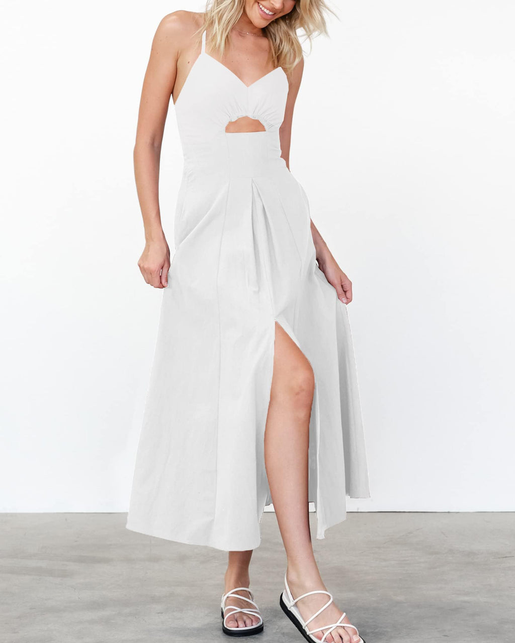 FreshPretty Women Summer Spaghetti Strap Midi Dress Sleeveless V Neck Cutout Slit Casual Beach Party Maxi Dresses Pockets