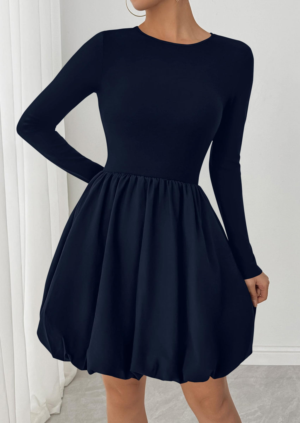 PRETTYGARDEN Fall Dresses for Women Casual Long Sleeve Bubble Cute Crew Neck A Line Mini Short Dress with Pockets