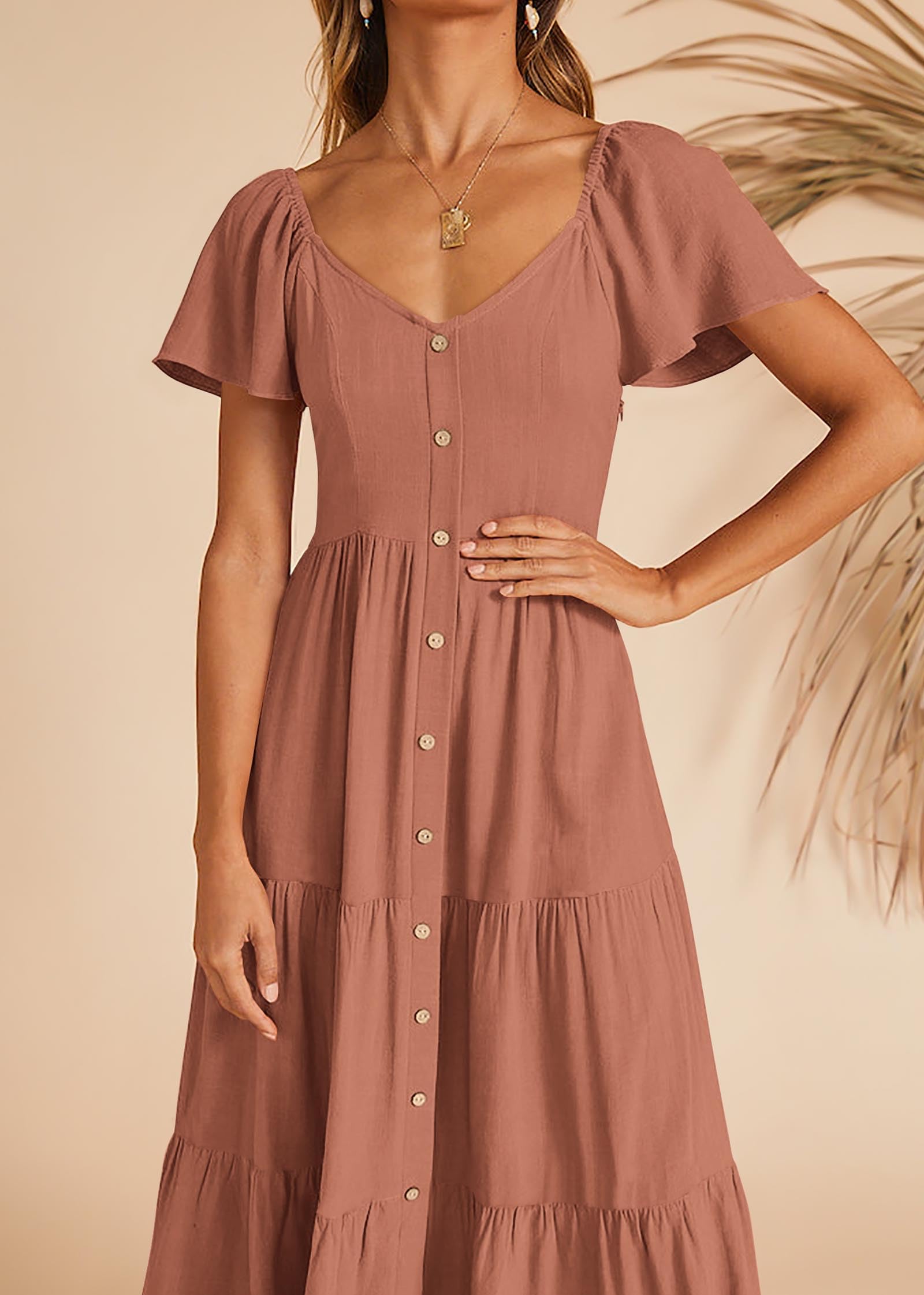 FreshPretty Women Spring Summer Casual Short Sleeve Midi Dress Button V Neck Tiered Vacation Sundress with Pockets