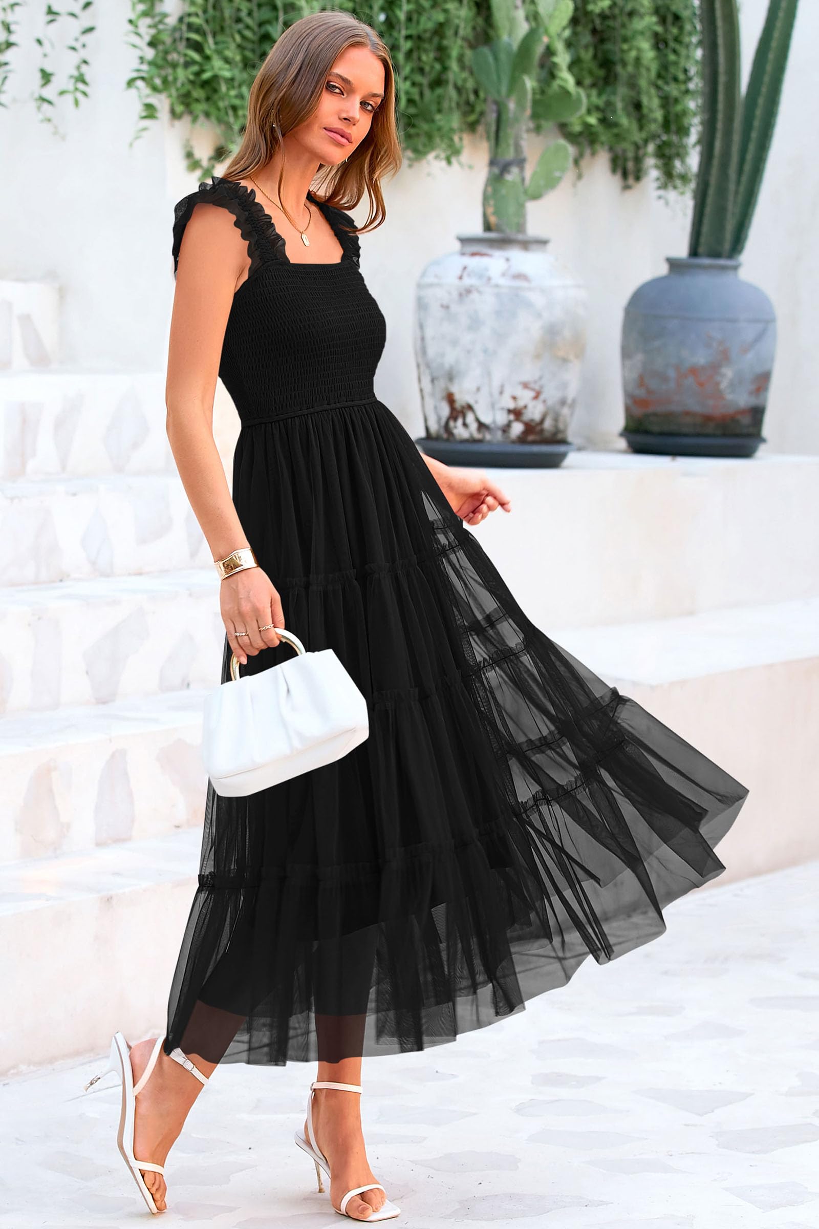 PRETTYGARDEN Women's Summer Tulle Midi Dress Sleeveless Smocked Ruffle Flowy Mesh Dresses Party Wedding Guest Sundress