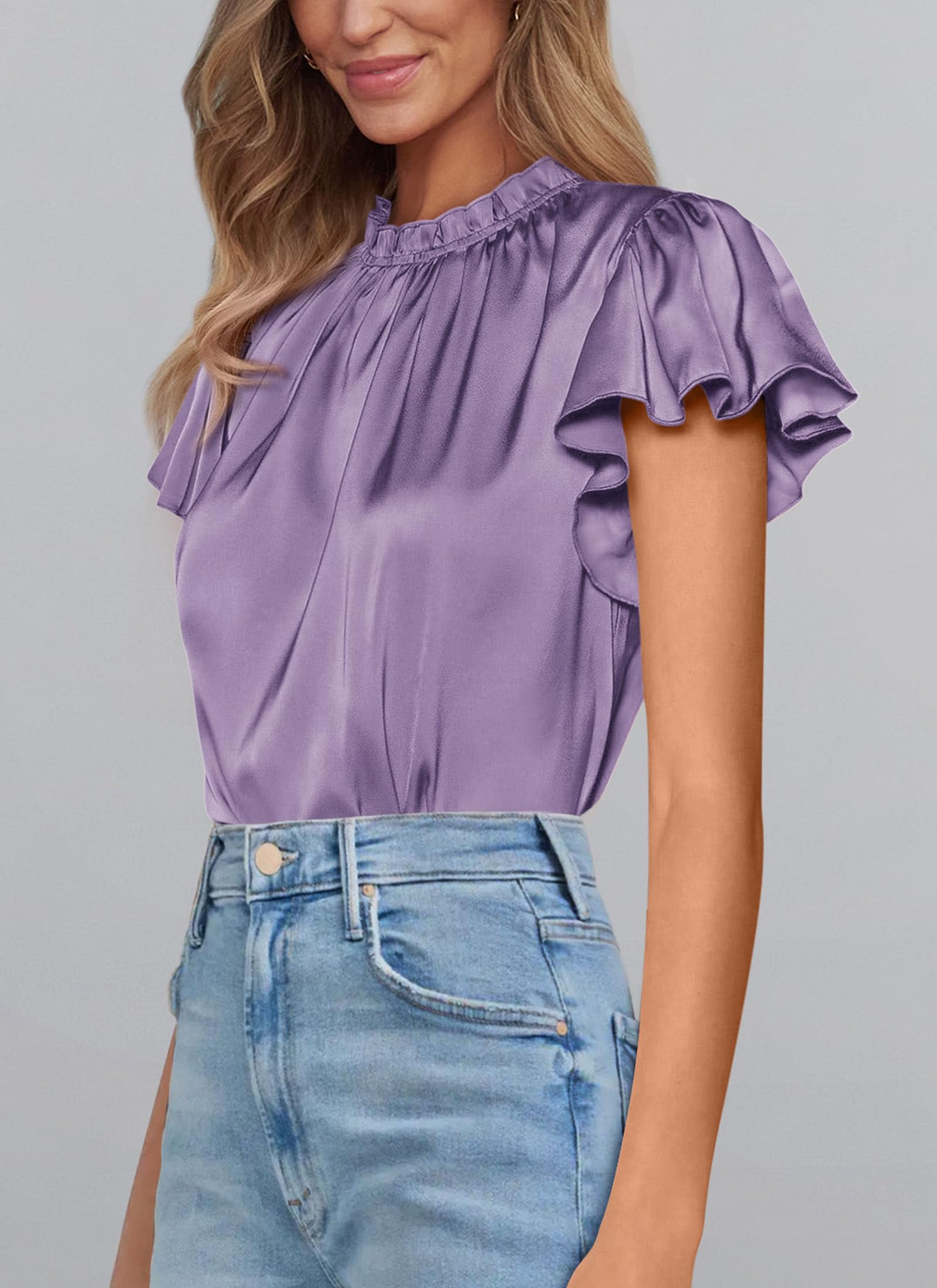 PRETTYGARDEN Business Casual Tops for Women Blouses Dressy  Summer Short Sleeve Ruffle Satin Work Office Attire