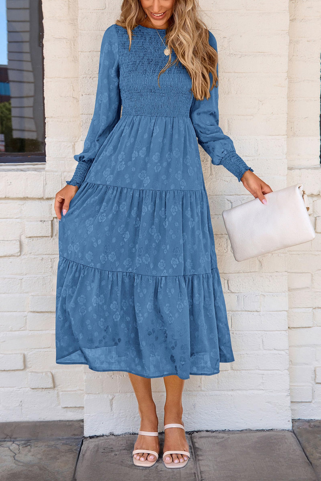 PRETTYGARDEN Women's Fall Spring Midi Dress Long Sleeve Floral Smocked Elegant Wedding Guest Long Flowy Dresses with Pockets