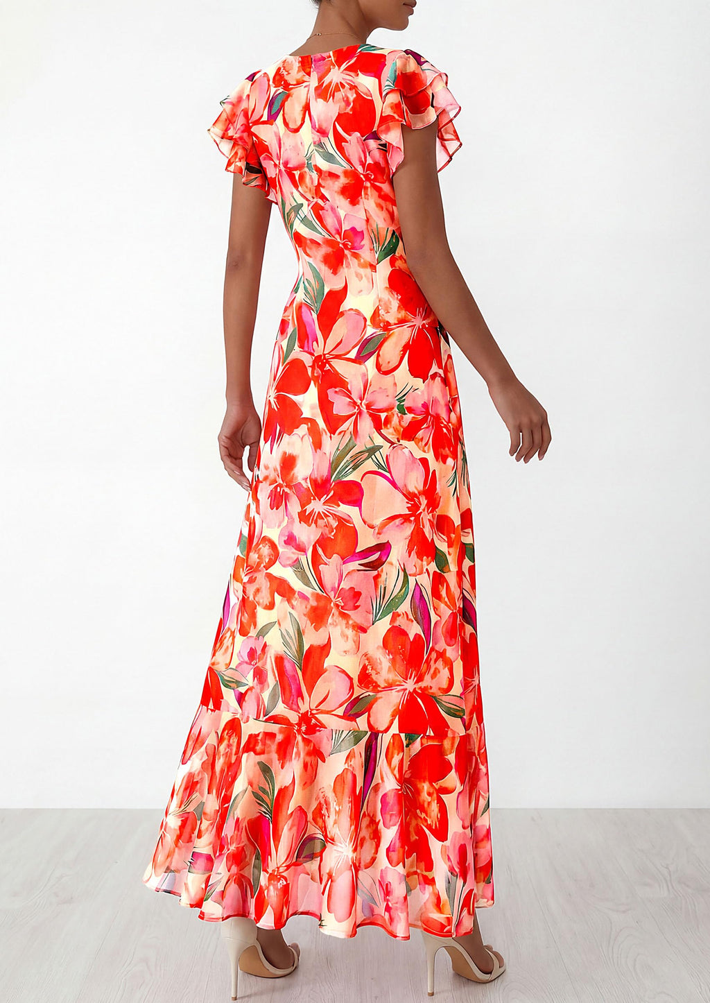 PRETTYGARDEN Womens Summer Floral Maxi Dresses Spring Short Sleeve Ruffle V Neck Flowy Boho Long Beach Vacation Sundress