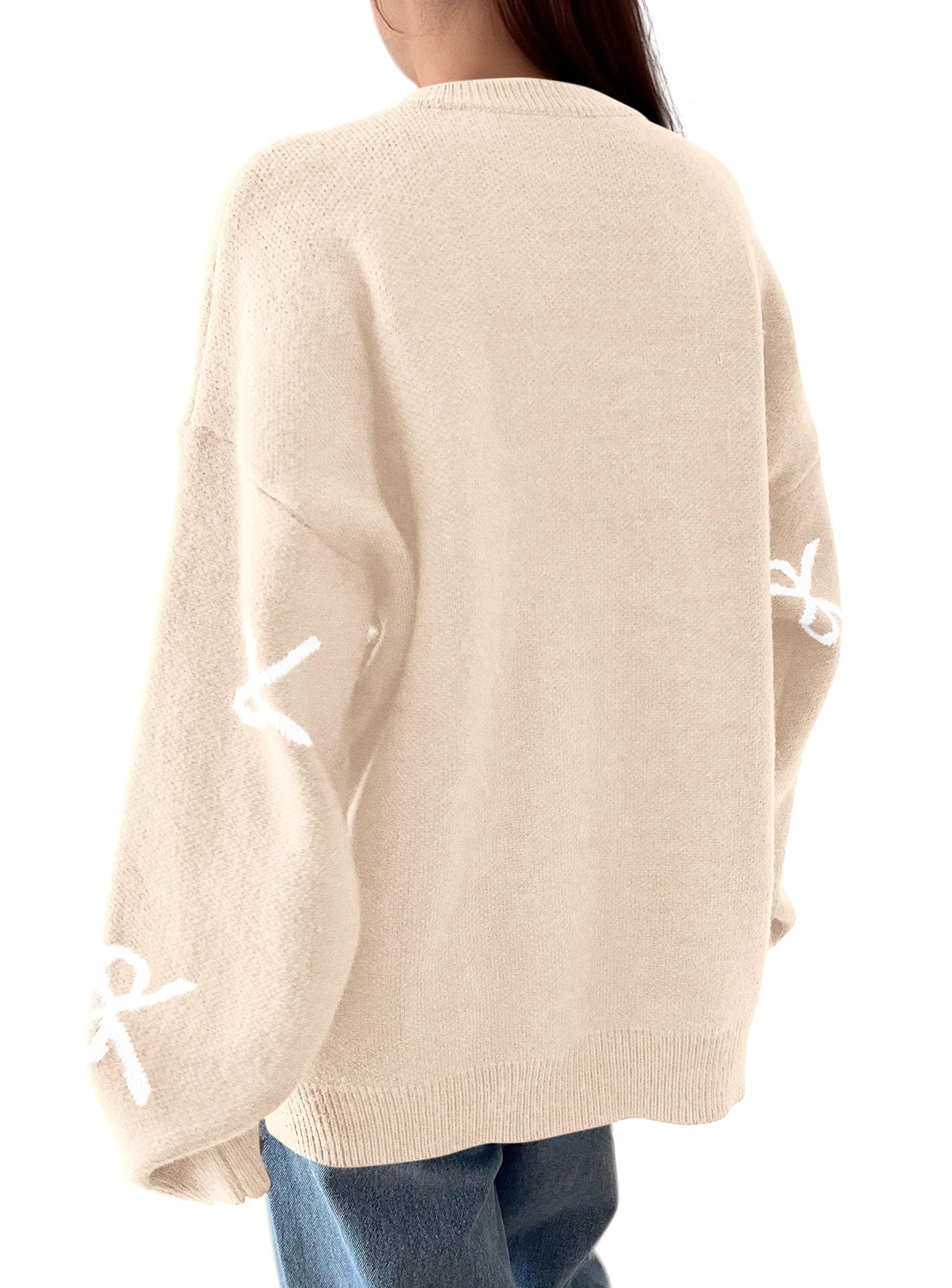 PRETTYGARDEN Fall Long Sleeve Pullover Sweaters for Women Trendy Crewneck Casual Cute Bow Chunky Knit Oversized Sweater