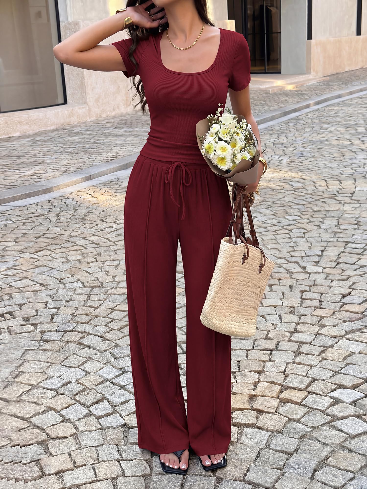 BTFBM Womens Summer 2 Piece Outfits Square Neck Short Sleeve Drawstring Pants Knit Spring Lounge Matching Sets