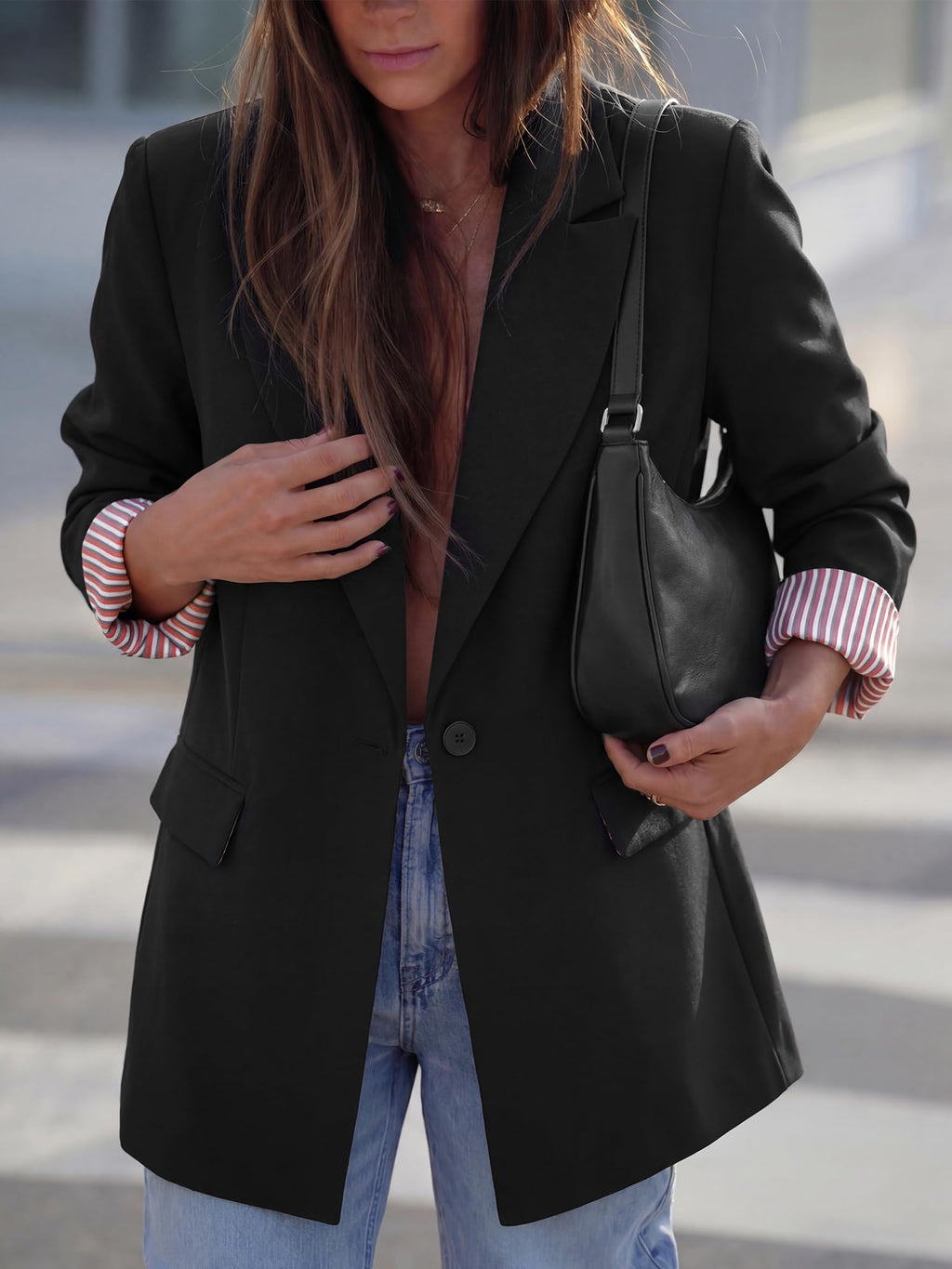 FreshPretty Blazers for Women Business Casual Fall Jackets,Lightweight Dressy Long Sleeve Suit Jacket,Loose Lapel Button Front,Striped Lined,Formal Professional Office Work Clothes