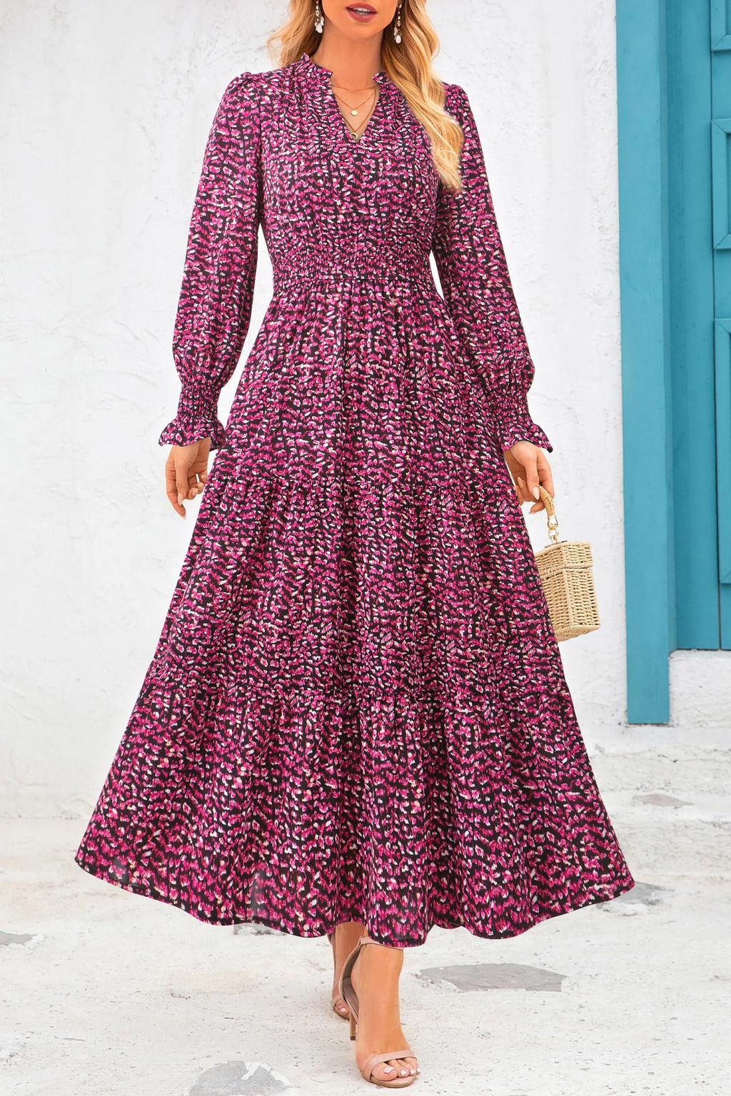 PRETTYGARDEN Women's Floral Maxi Dress Fall Long Sleeve V Neck Casual A Line Long Flowy Boho Party Dresses