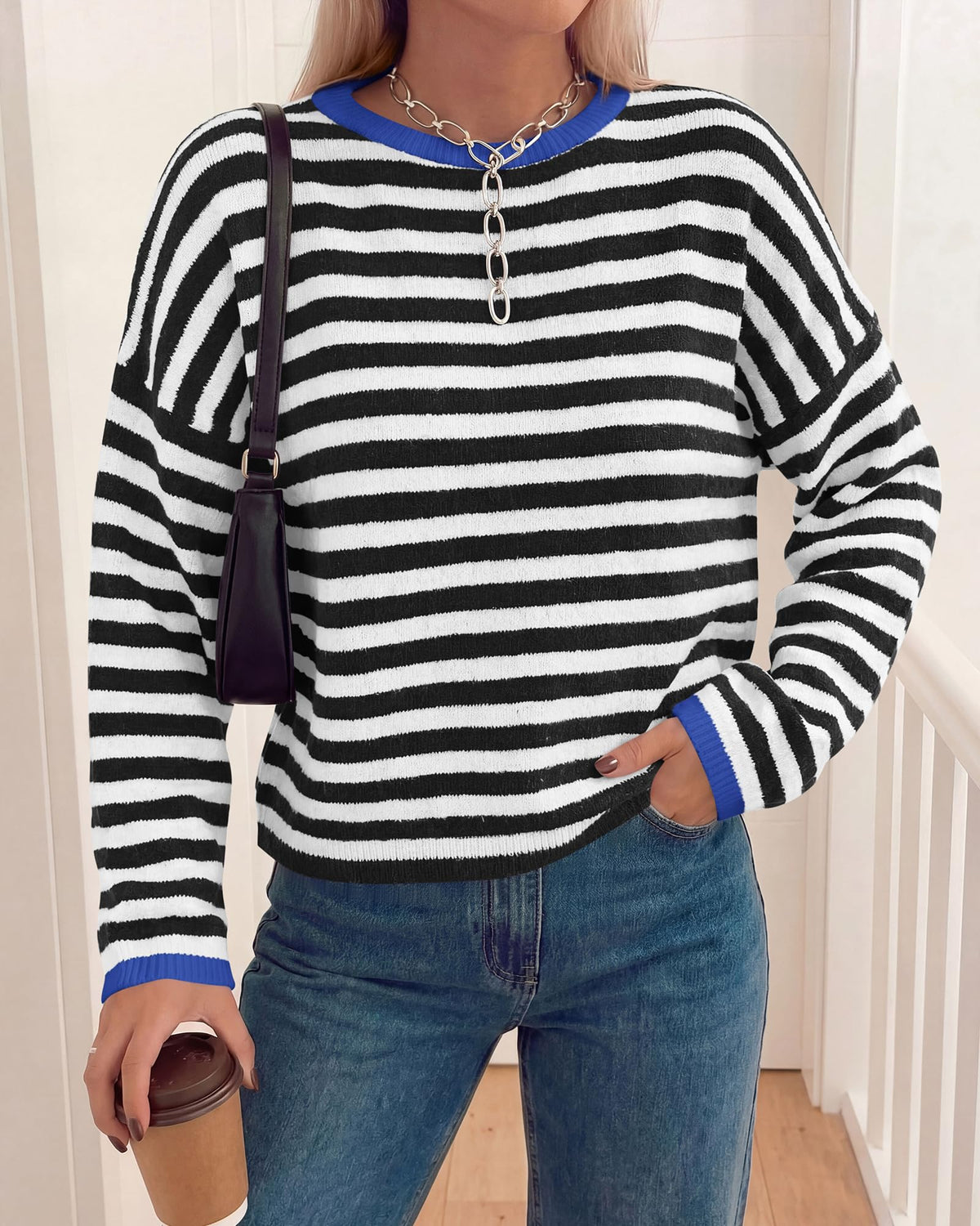 BTFBM Women's Lightweight Oversized Striped Sweater | Soft Knit Cozy Sweaters, Crew Neck Long Sleeve Pullover, y2k Color Block, Casual Holiday Outfits, Winter Fall Clothes
