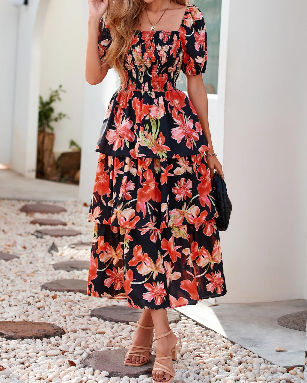 BTFBM Womens Square Neck Smocked Dress Summer Puff Short Sleeve Floral Casual Ruffle Tiered Maxi Wedding Guest Dresses