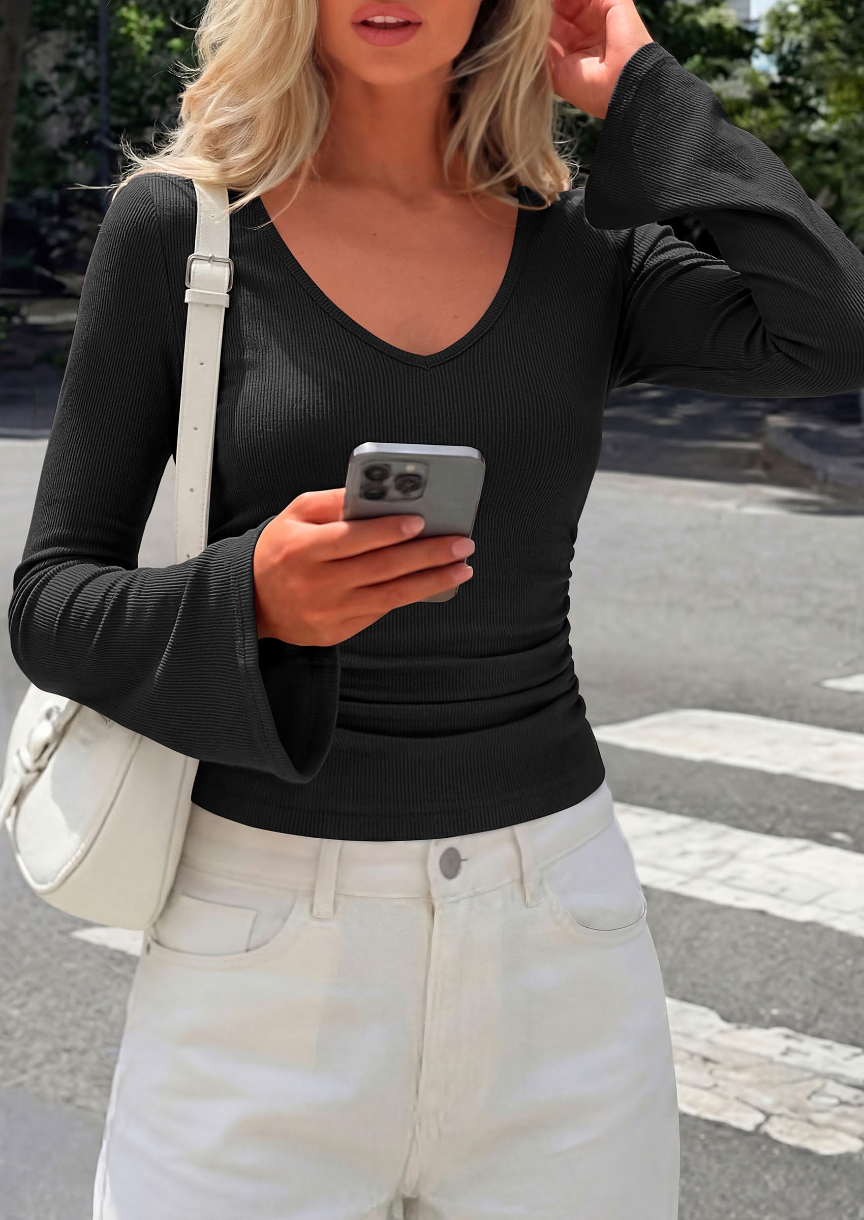 PRETTYGARDEN Women's Fall Trendy Bell Long Sleeve Tops | Soft Stretchy,Ribbed Textured,V Neck,Slim Fitted Shirts,Ruched Basic Tees,Y2K Going Out,Casual Outfits,Fashion Clothing