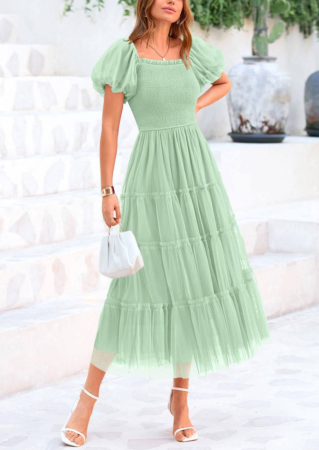 PRETTYGARDEN Women's Smocked Midi Tulle Dress  Summer Puffy Short Sleeve Square Neck Ruffle Wedding Guest Party Dresses