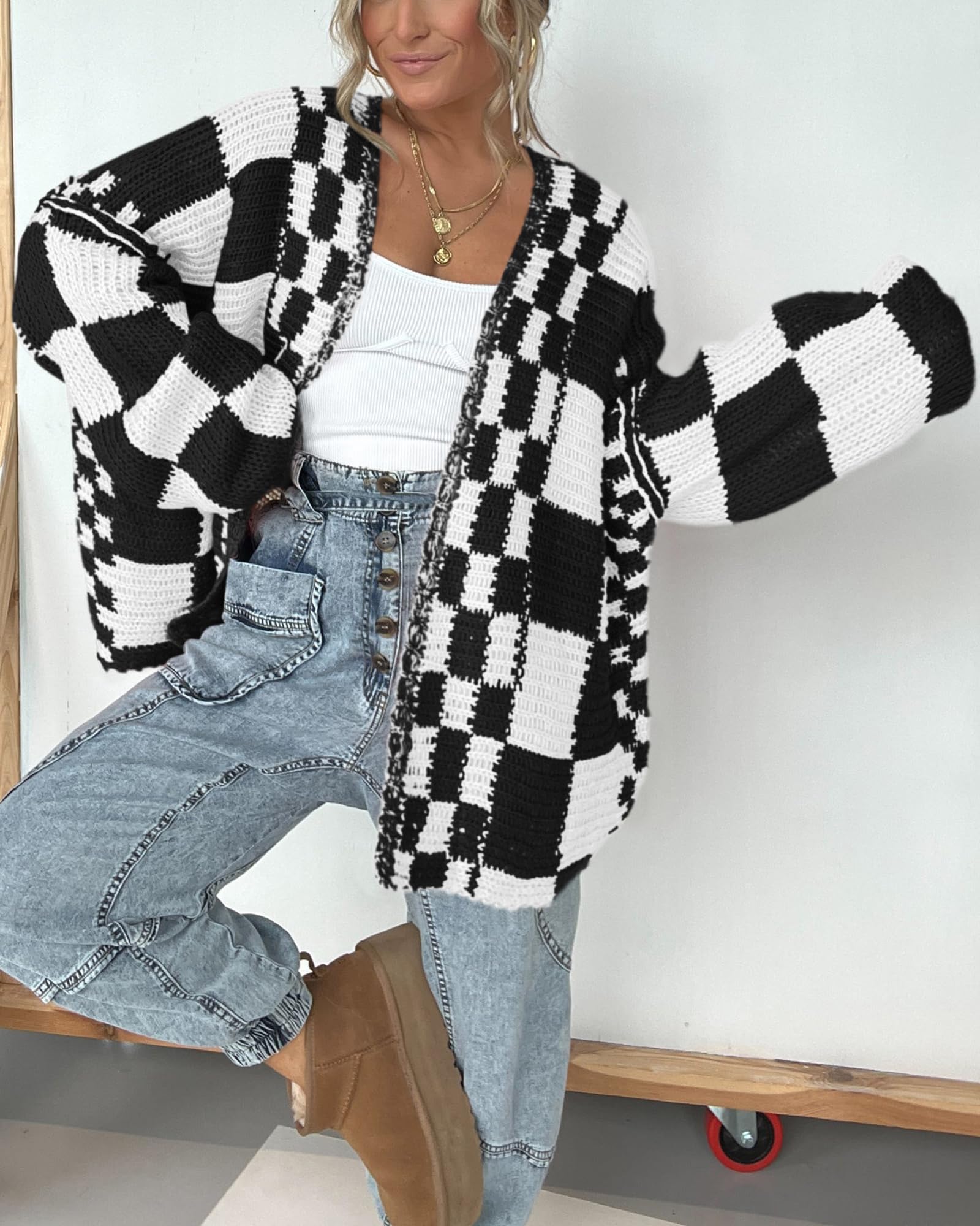 FreshPretty Casual Cardigan Sweater for Women Fall Long Sleeve Open Front Chunky Knit Sweaters Checkered Outwear Coat