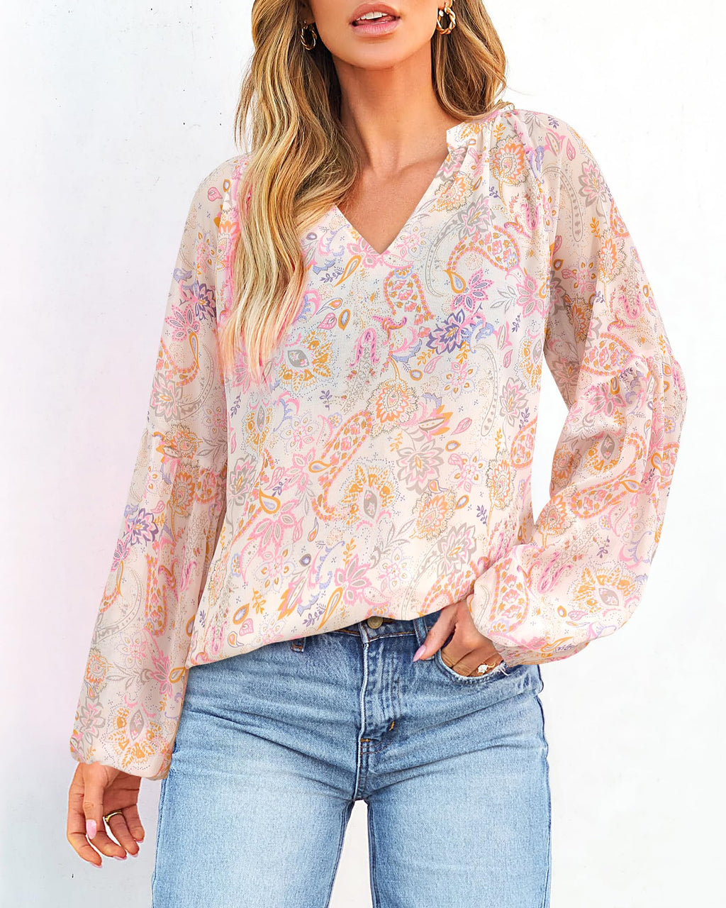 BTFBM Blouses for Women Dressy Casual Floral Summer Boho Tops V Neck Lightweight Long Sleeve Shirts Spring Clothes