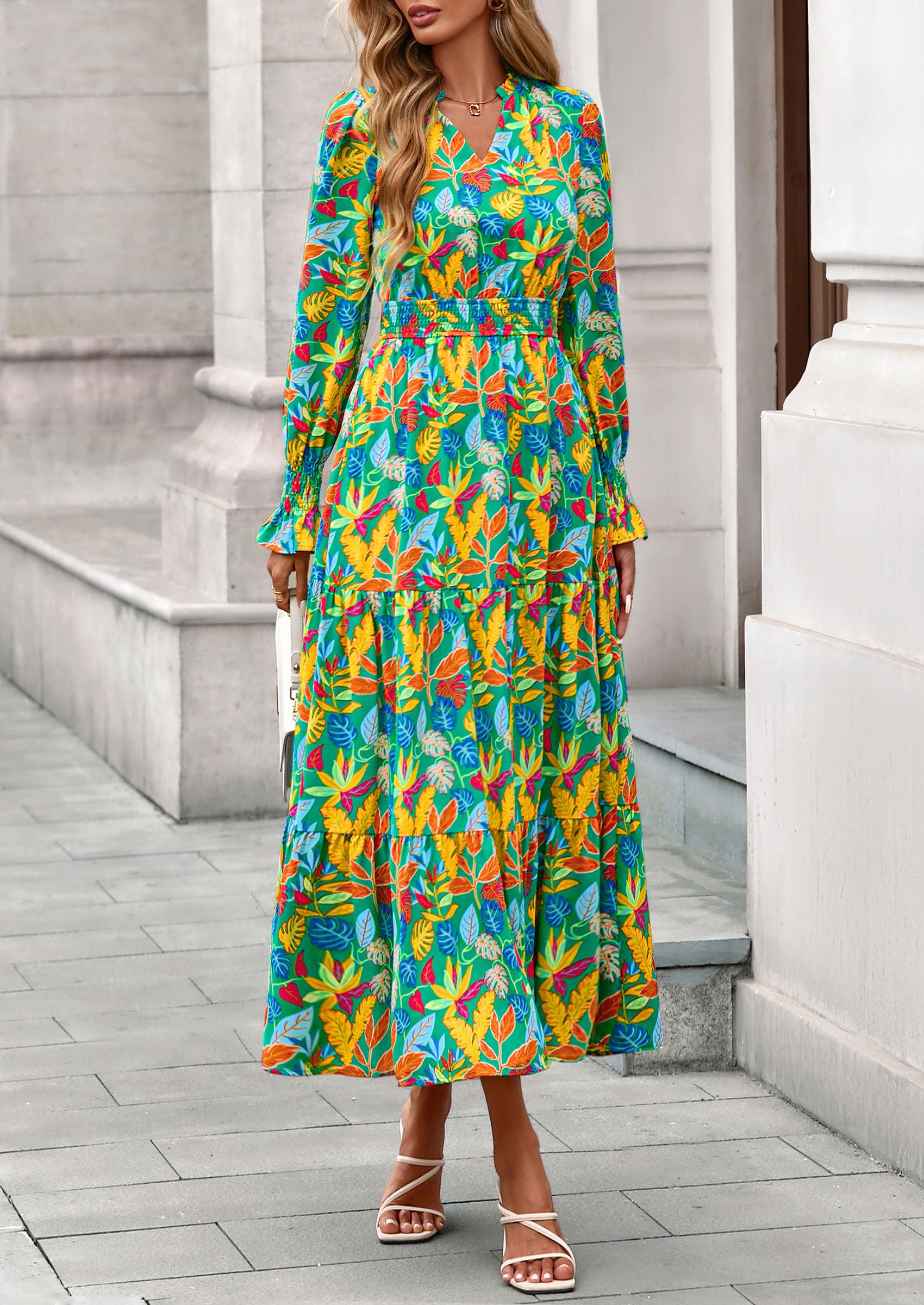 PRETTYGARDEN Women's Floral Maxi Dress Fall Long Sleeve V Neck Casual A Line Long Flowy Boho Party Dresses