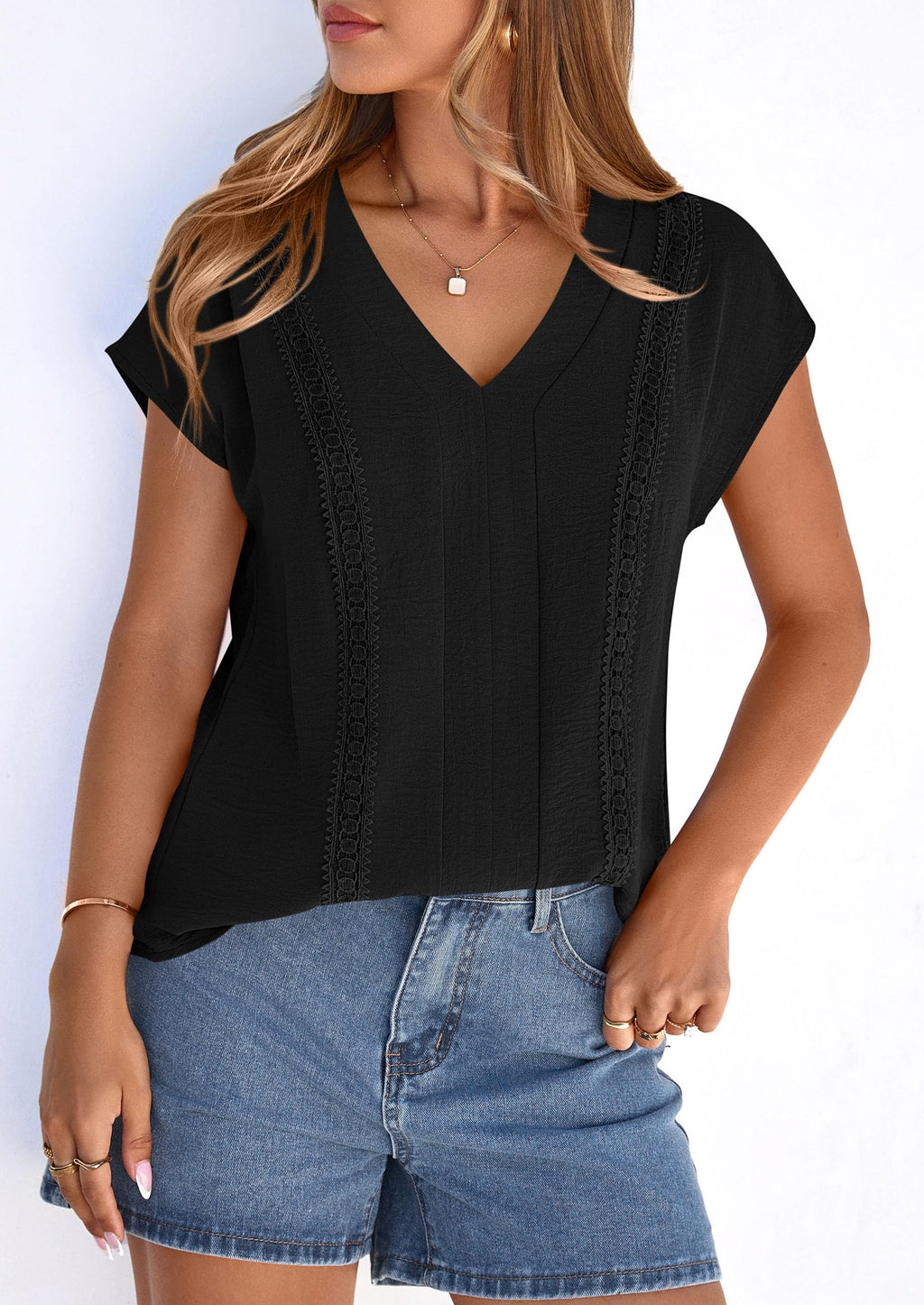 PRETTYGARDEN Spring Tops for Women Summer Fashion Clothes Dressy Casual Blouses Cap Sleeve V Neck Shirts Work Outfits