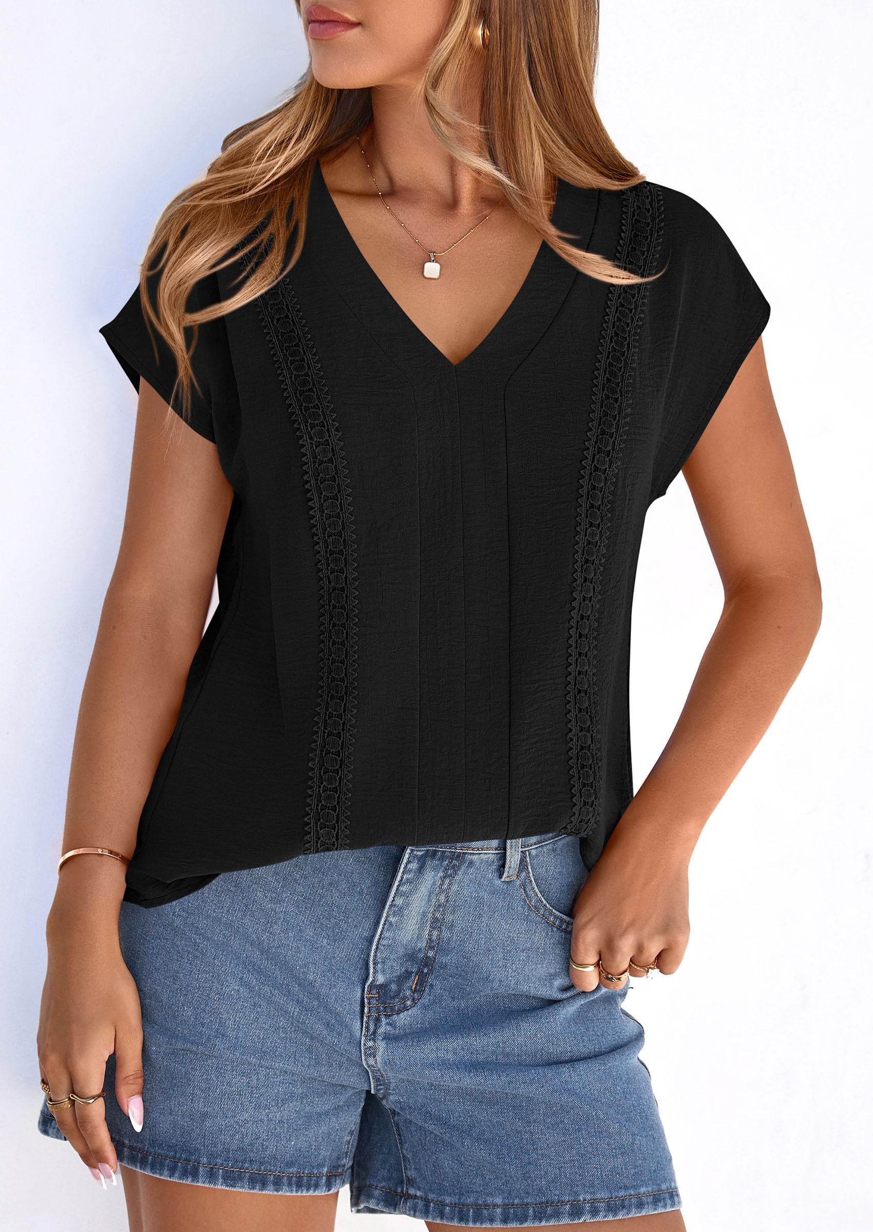PRETTYGARDEN Spring Tops for Women Summer Fashion Clothes Dressy Casual Blouses Cap Sleeve V Neck Shirts Work Outfits