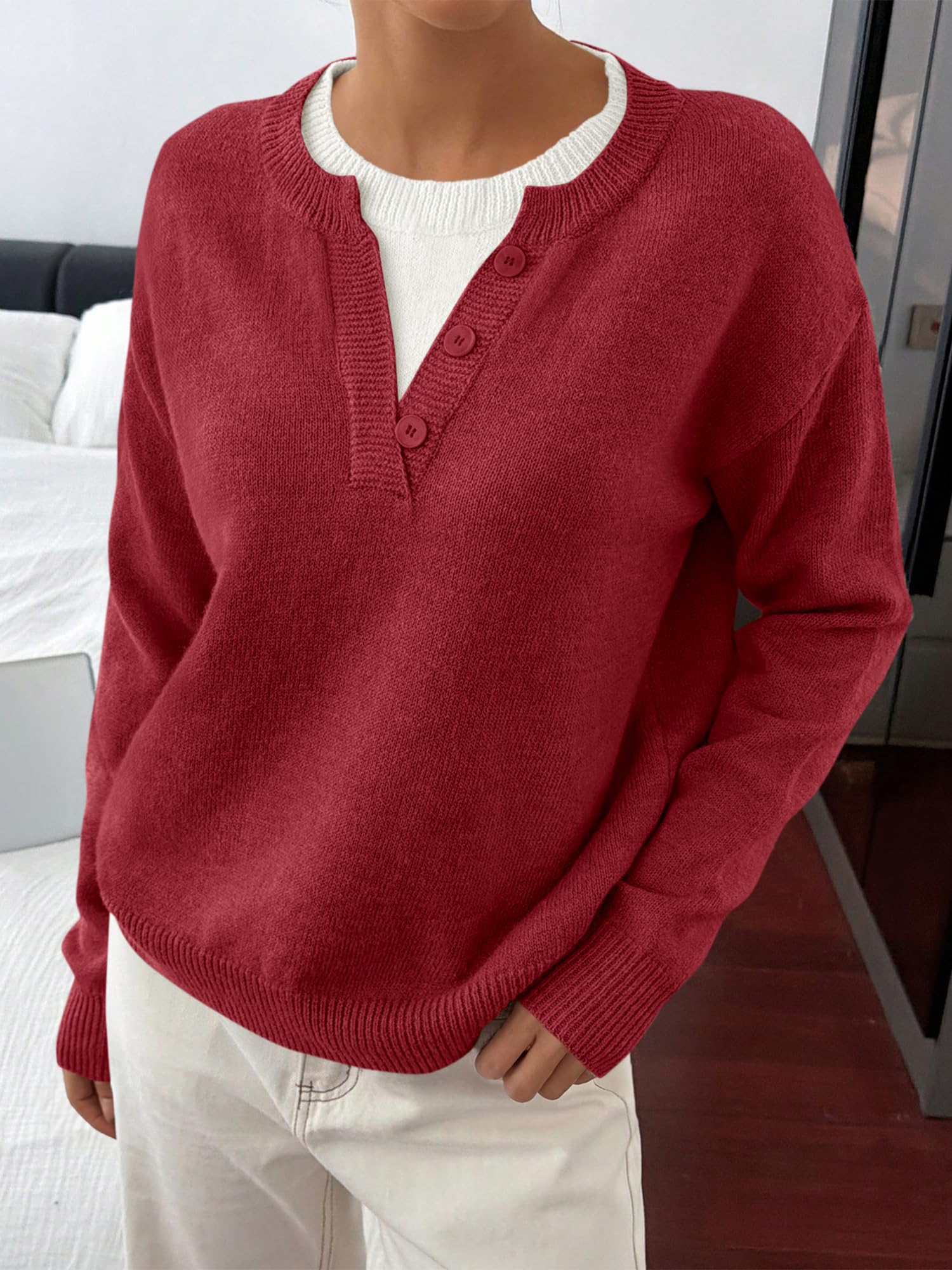 BTFBM Women Long Sleeve Crew Neck Sweaters Tops, 2 in1 Knitted Pullover, Deco Buttons, Oversized, Stretchy, Vacation, Business Casual Outfits, Fall Winter Trendy