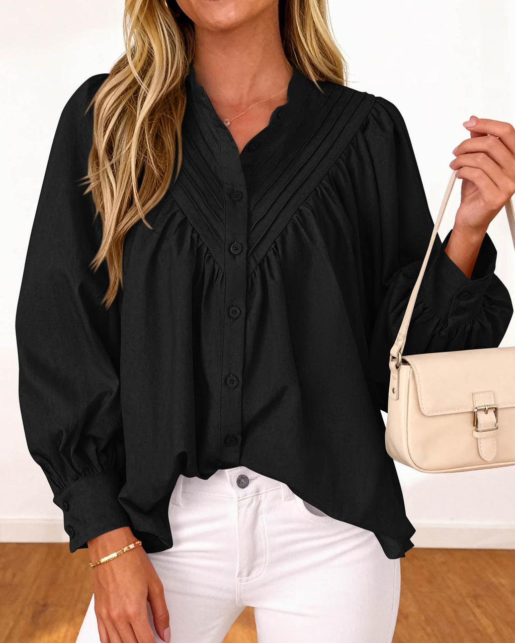 FreshPretty Blouses for Women Dressy Casual Fashion Clothing Long Sleeve Shirts Loose Fit Button Down Pleated Boho Going Out Tops