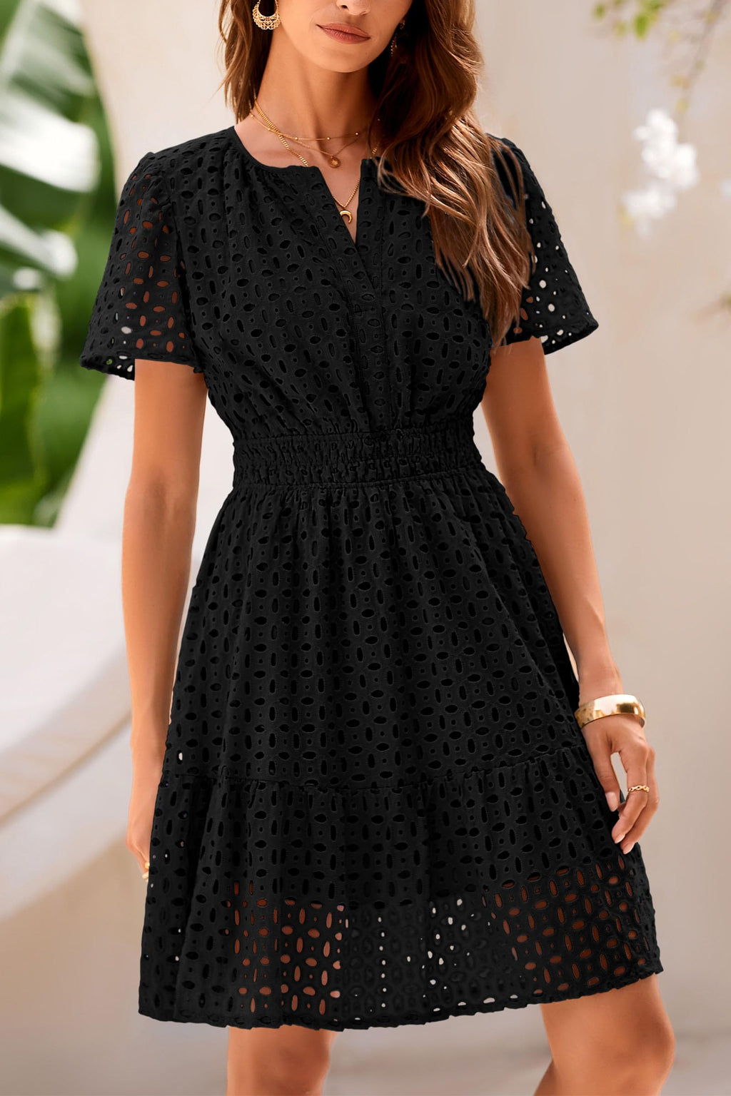PRETTYGARDEN Womens Summer Short Dress V Neck Short Sleeve A Line Hollow Out Lace Ruffle Cute Casual Beach Party Dresses